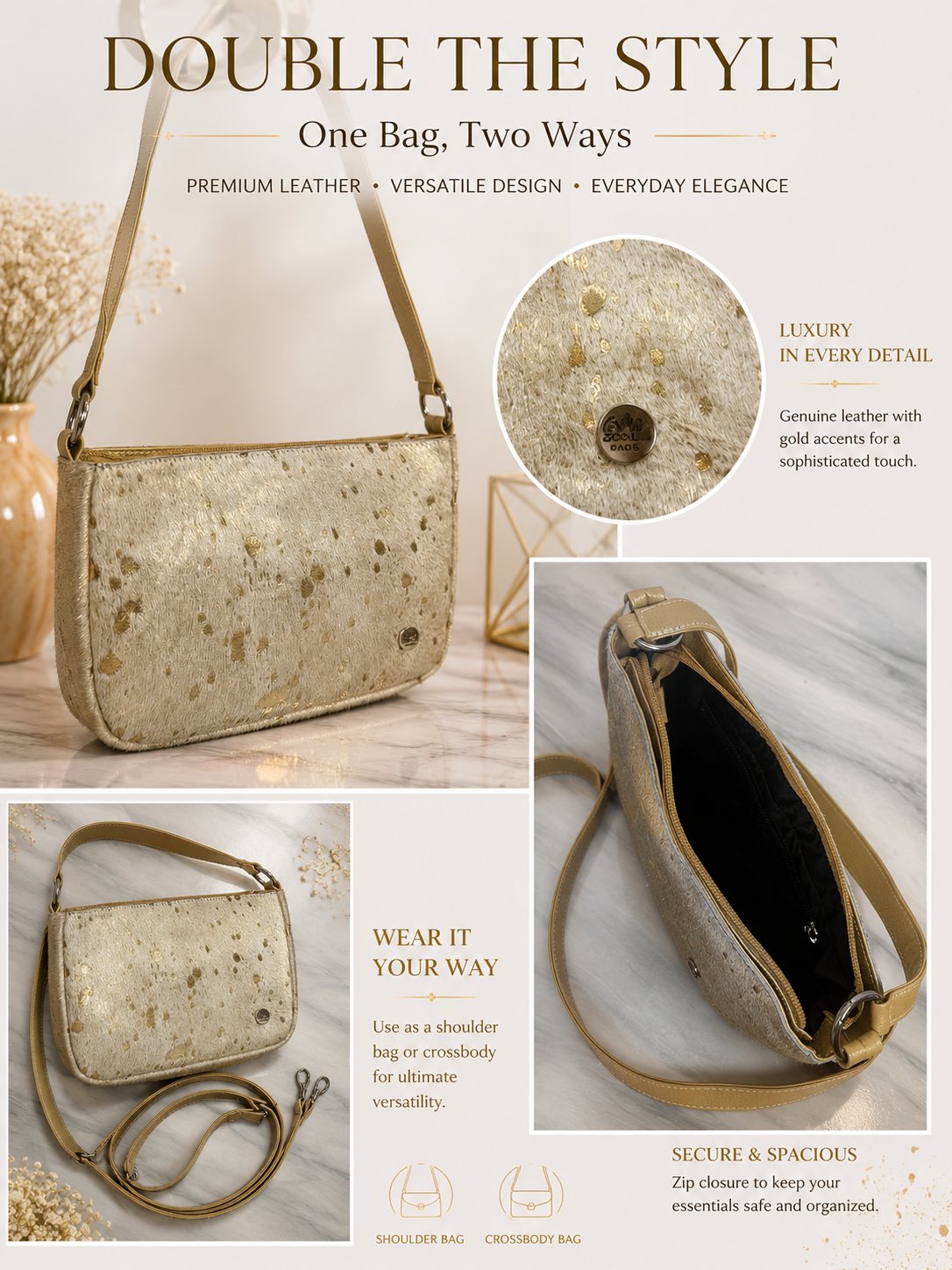 Genuine Cowhide Hair-On Leather Shoulder Bag & Crossbody Removable Straps Italian Foil Option Zipper Pockets