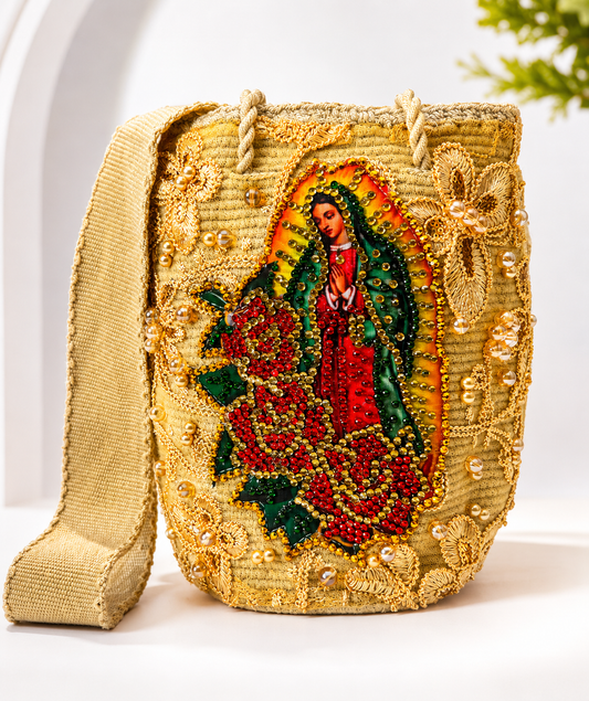 Medium Wayuu Bucket Bag Embroidered Virgin of Guadalupe | Handmade Crossbody with Tassels
