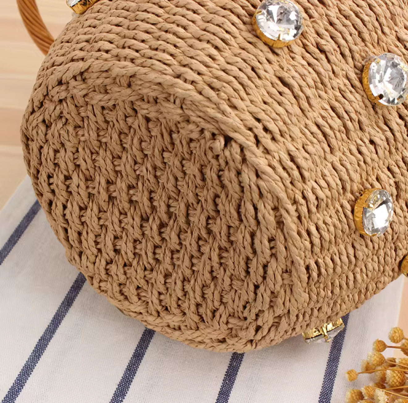 Handmade bucket bag with sparkling rhinestones – Elegant woven handbag