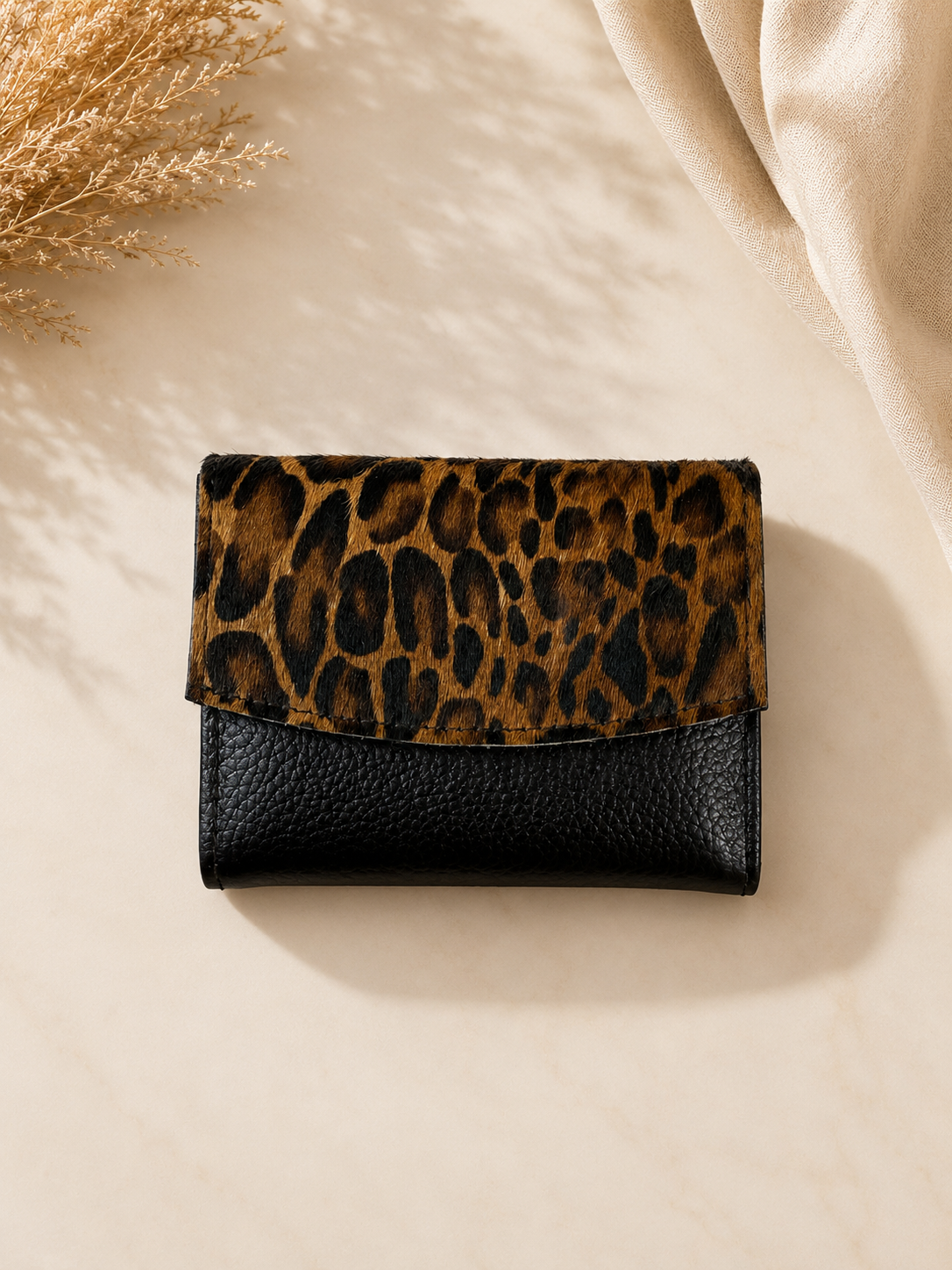 Genuine Cowhide Leather Card Holder Wallet with Zipper Hair-On Multiple Card Slots 7inx4in