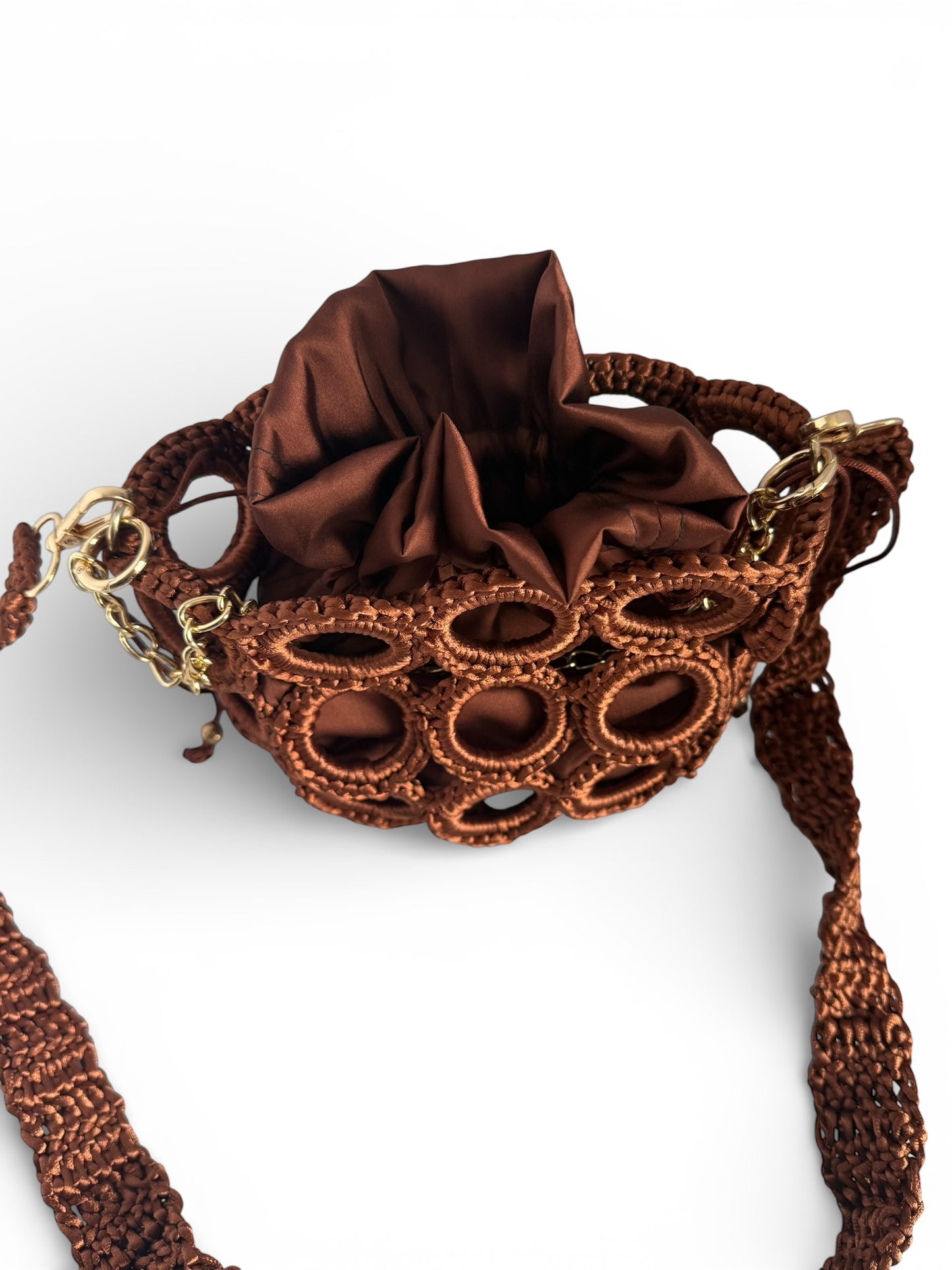 Luxury Woven Ring Bucket Bag – Double Strap Convertible Crossbody with Silk Inner Pouch