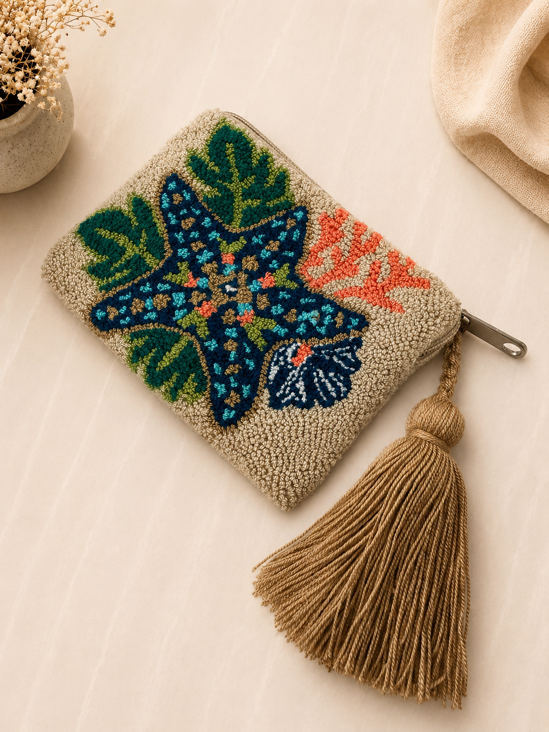 Handmade Tufted Mini Clutch Wallet 6” x 4” | Embroidered Zipper Coin Purse with Tassel