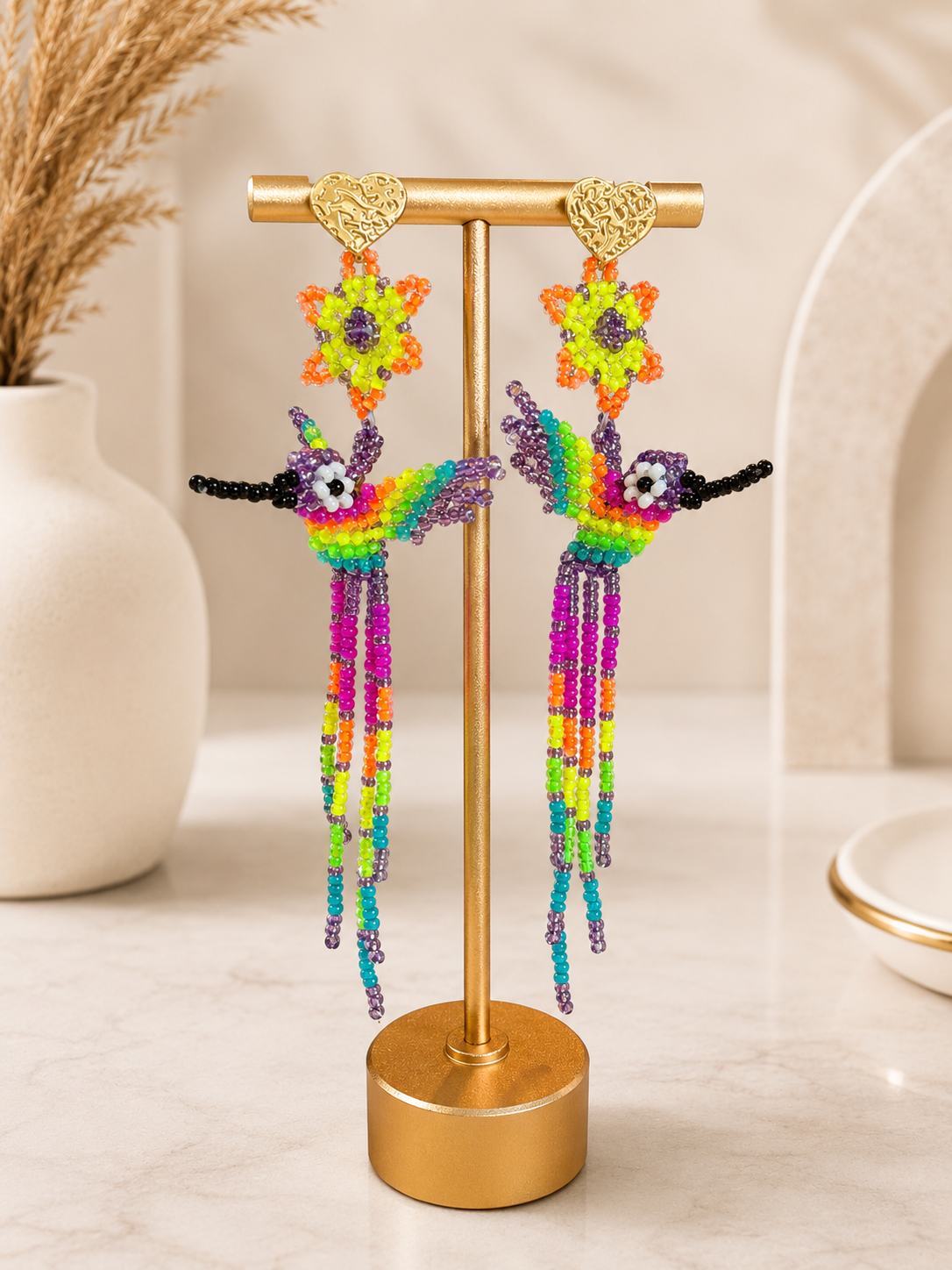 Handmade Hummingbird Beaded Earrings Colorful Artisan Statement Earrings for Women