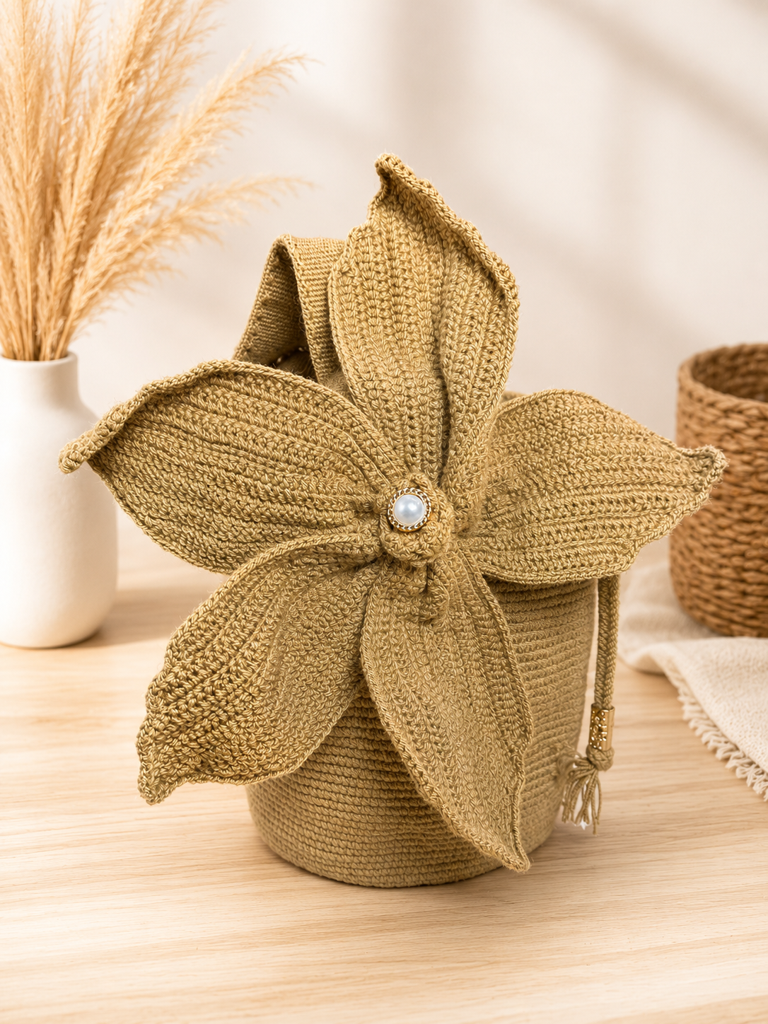 Medium Handmade flower Wayuu Bag Luxury Crochet Bucket Bag shoulder strap