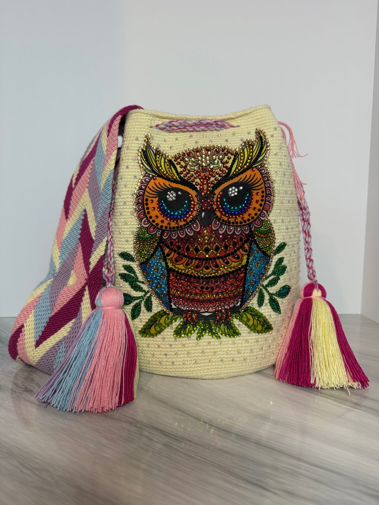 Wayuu Bag L Owl butter Decorated Blue Unique Handmade Artisan Bag