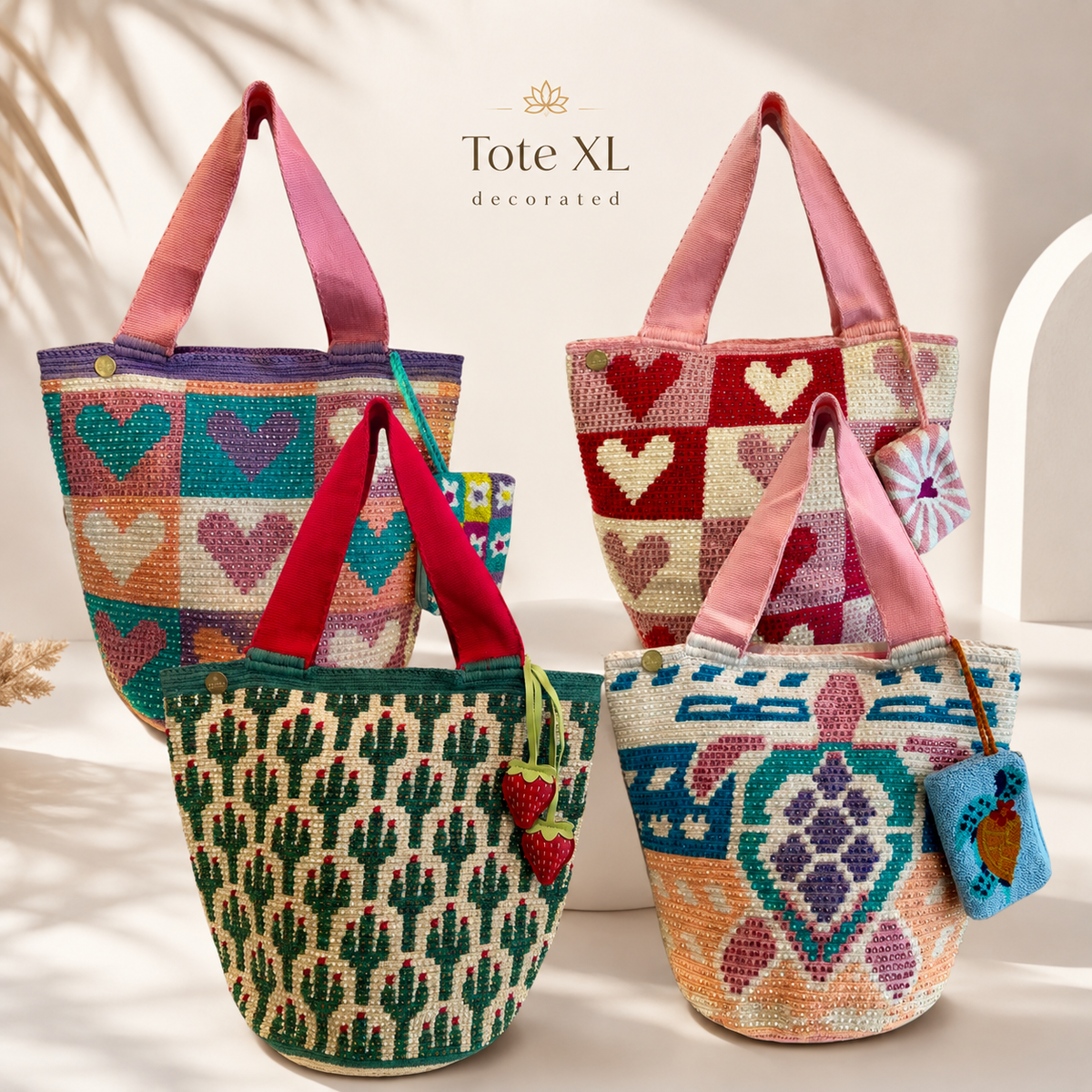 Wayuu XL decorated Handwoven Tote Bag Inner lining, sliding and ornament