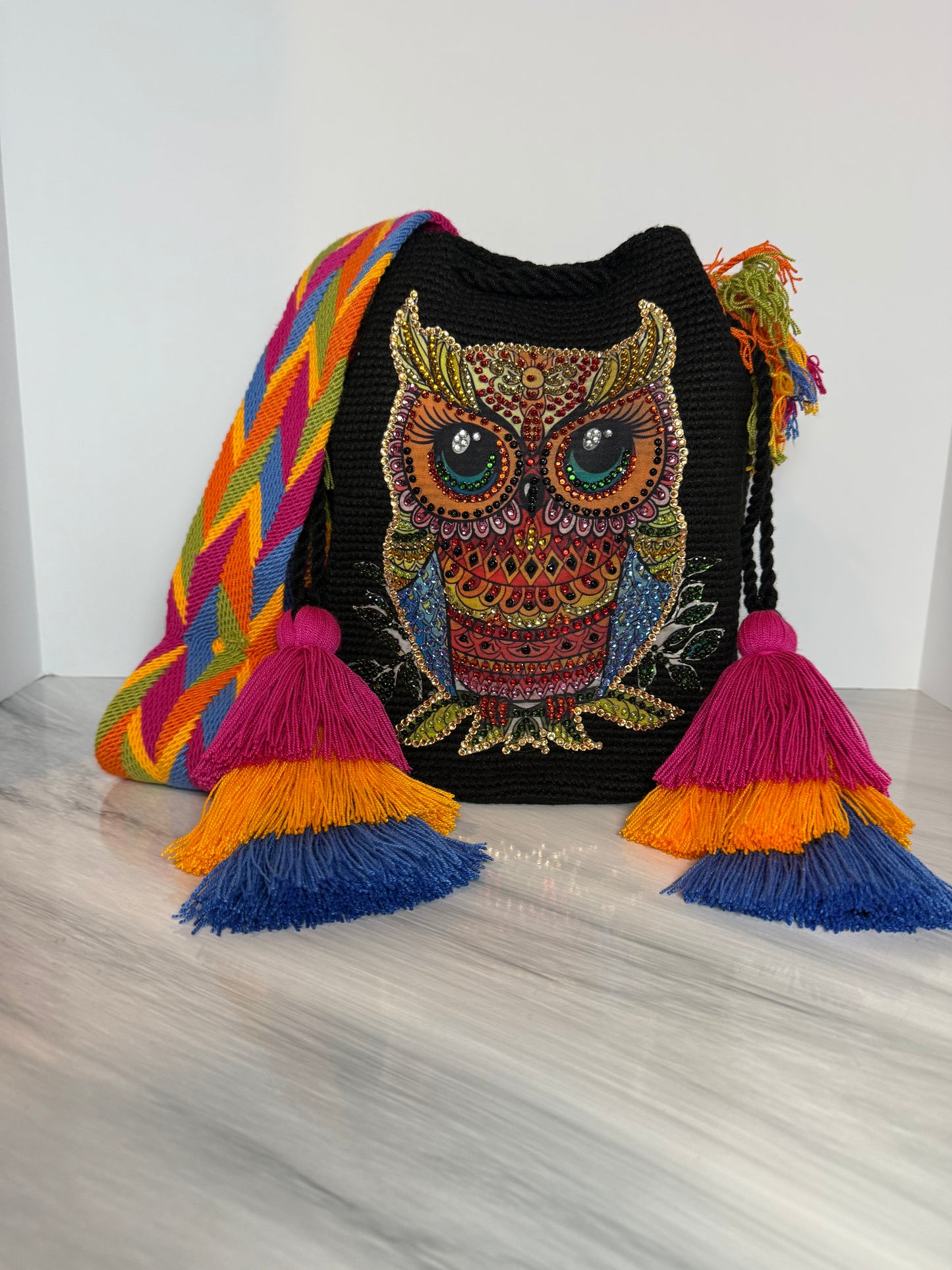 Wayuu Bag L Owl butter Decorated Blue Unique Handmade Artisan Bag