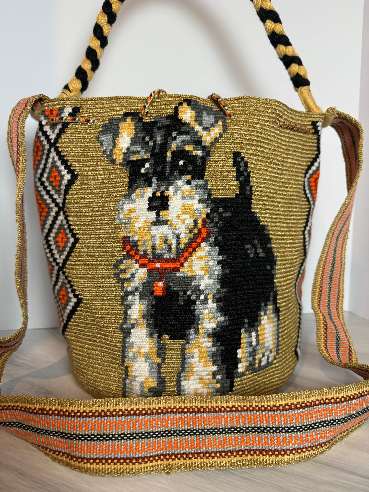 One string Handmade Wayuu special Bag L crossbody strap short and large & braided handle