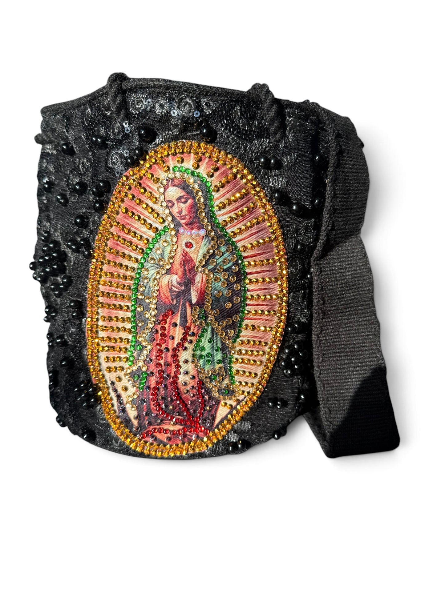 Medium Wayuu Bucket Bag Embroidered Virgin of Guadalupe | Handmade Crossbody with Tassels