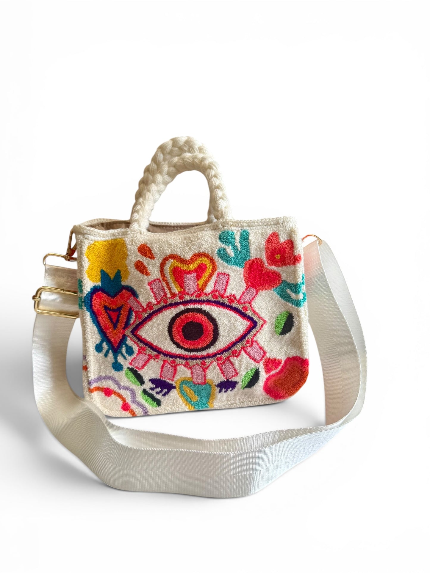 Mini Embroidered Basket Bag Convertible Crossbody Bag with Adjustable Strap Handmade Colorful Eye Design