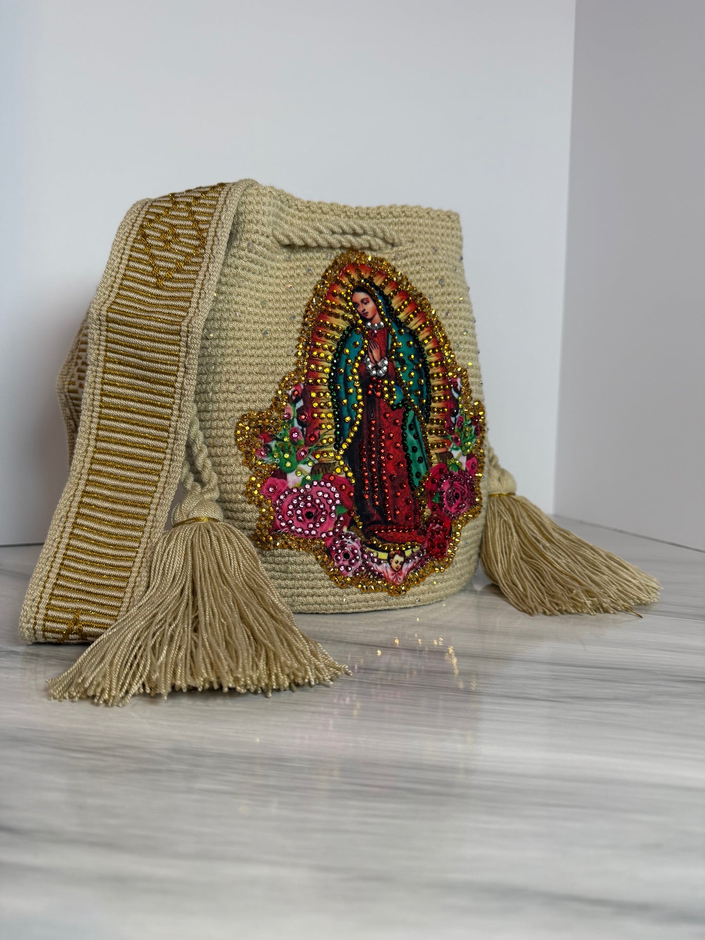 Crossbody Bucket Bag Wayuu Virgin of Guadalupe Decorated cream Details Handmade