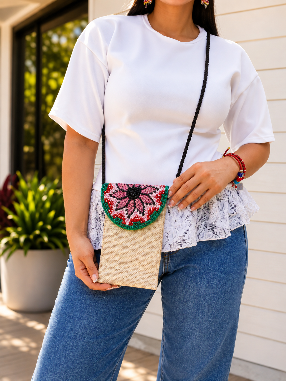 Handmade Phone Pouch decorated | Crossbody Cell Phone Holder with Inner Lining