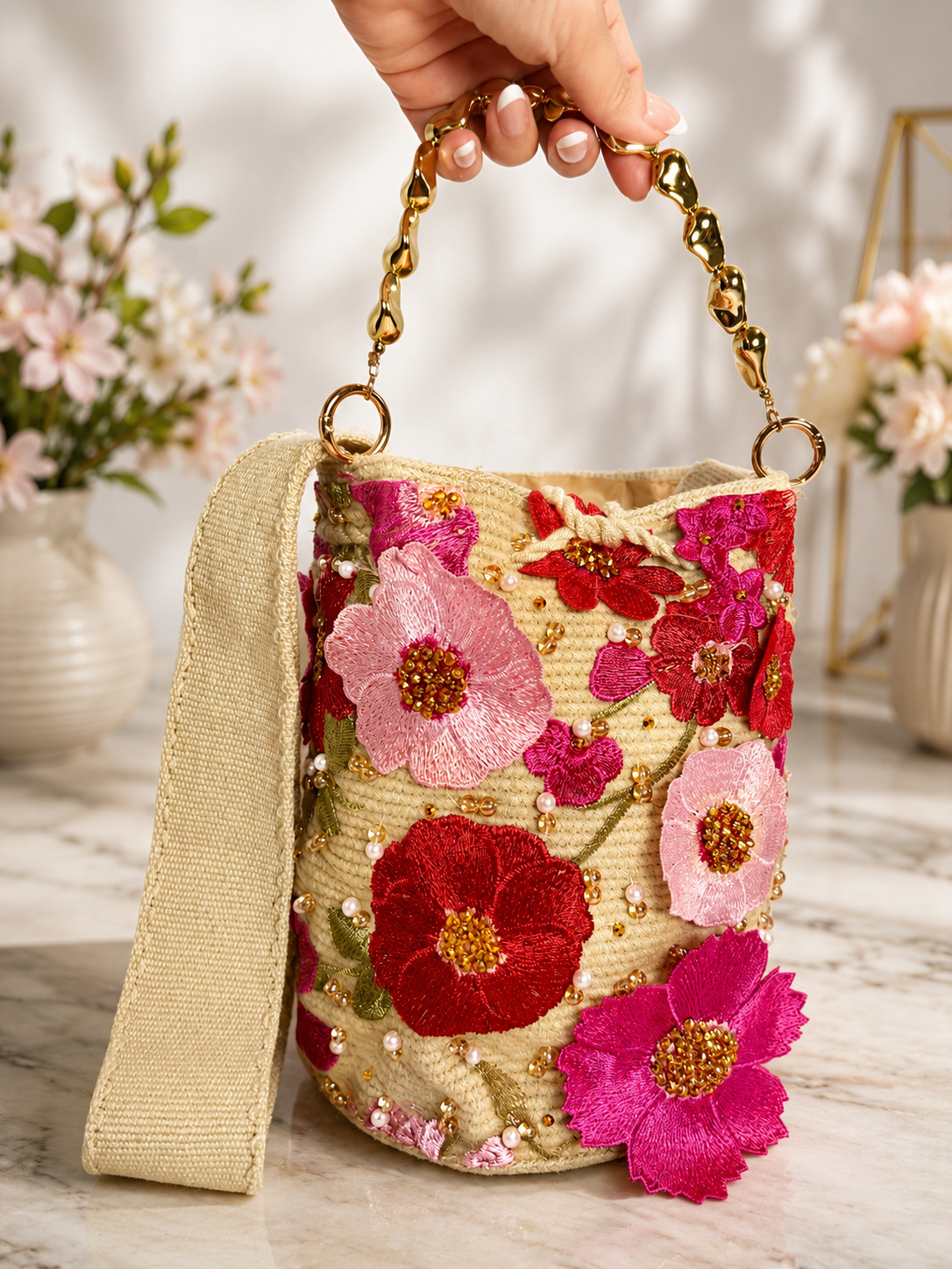 Embroidered spring Bag luxury medium double use strap short and large