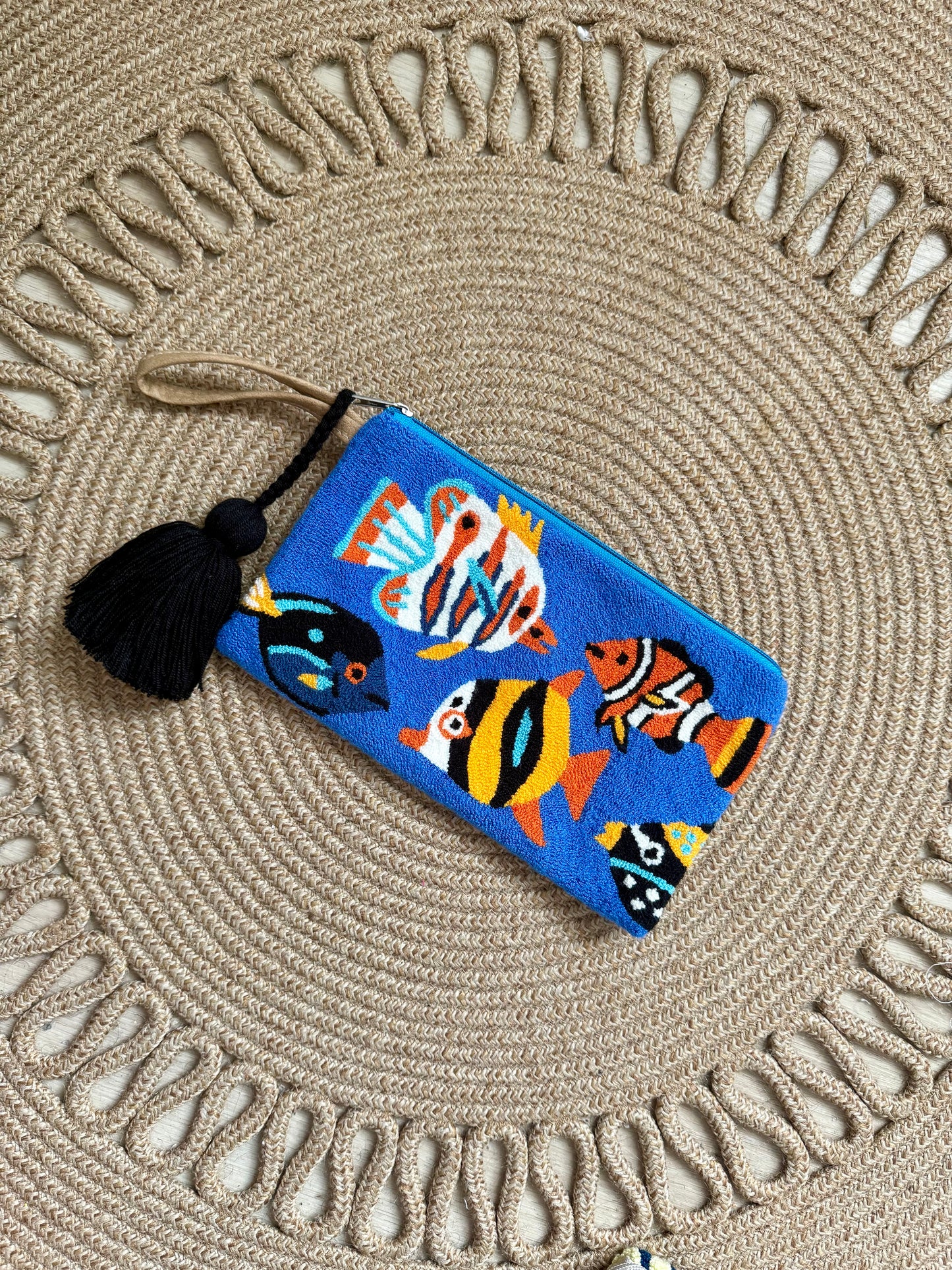 Handmade Marine Clutch – Crab, Jellyfish & Tropical Fish Embroidered Bag with Tassel