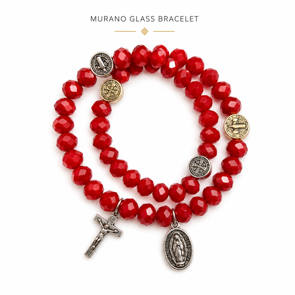 Murano Glass Catholic Bracelet – Lavender Crystal Beads, Cross , virgin of Guadalupe Medal