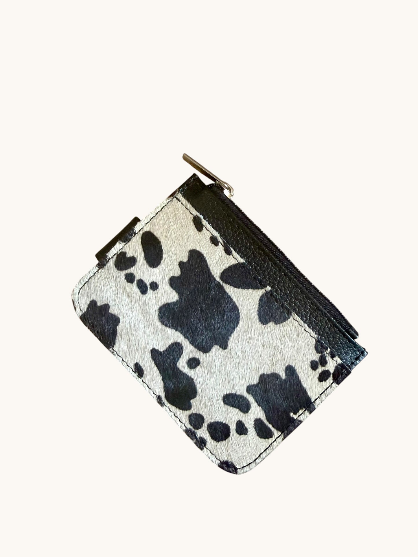 Genuine Cowhide Leather Card Holder Wallet with Zipper Hair-On Multiple Card Slots 4.5” x 3.5”