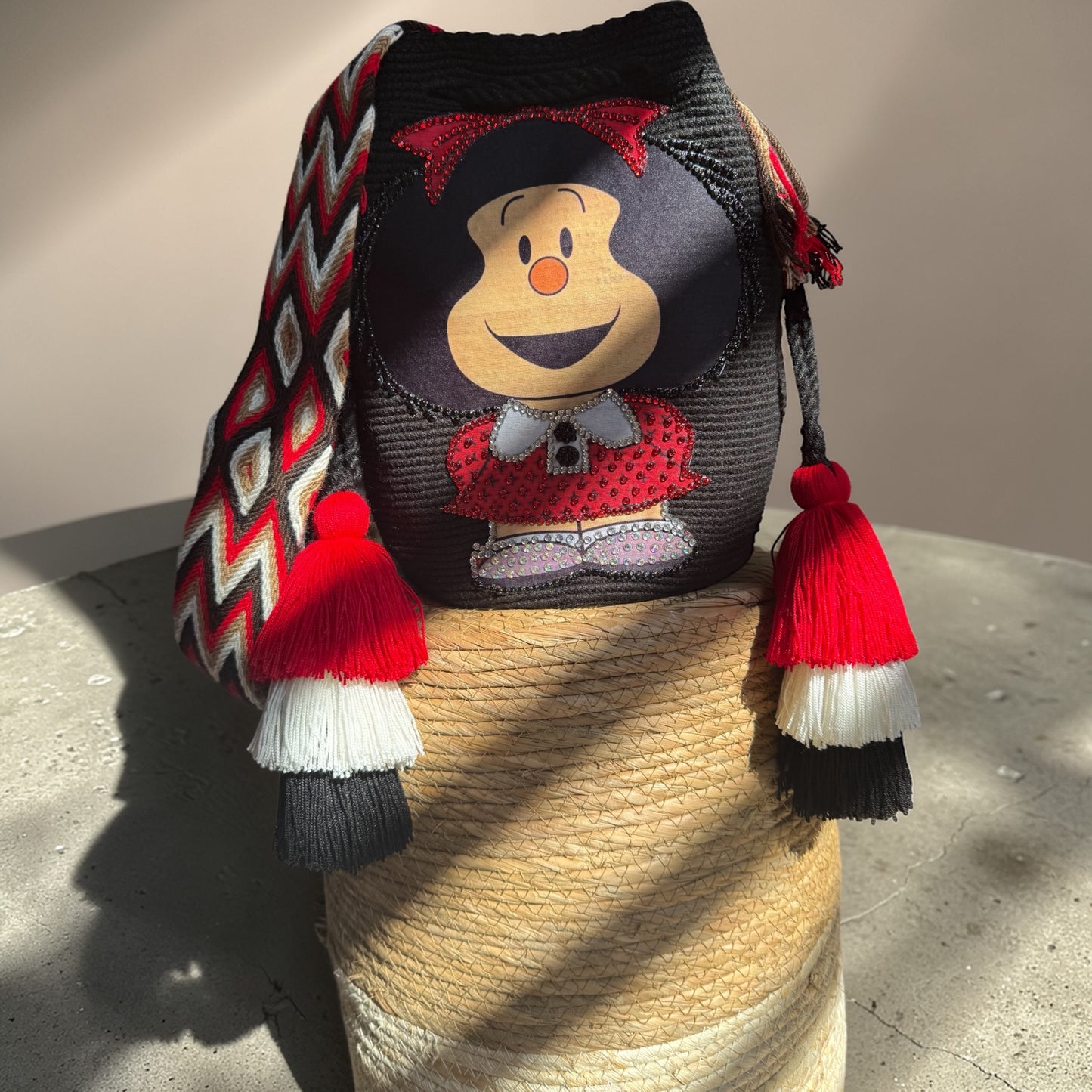 Handmade Wayuu Crochet Bag with Red Doll Design – Premium Artisan Boho Backpack with Tassels