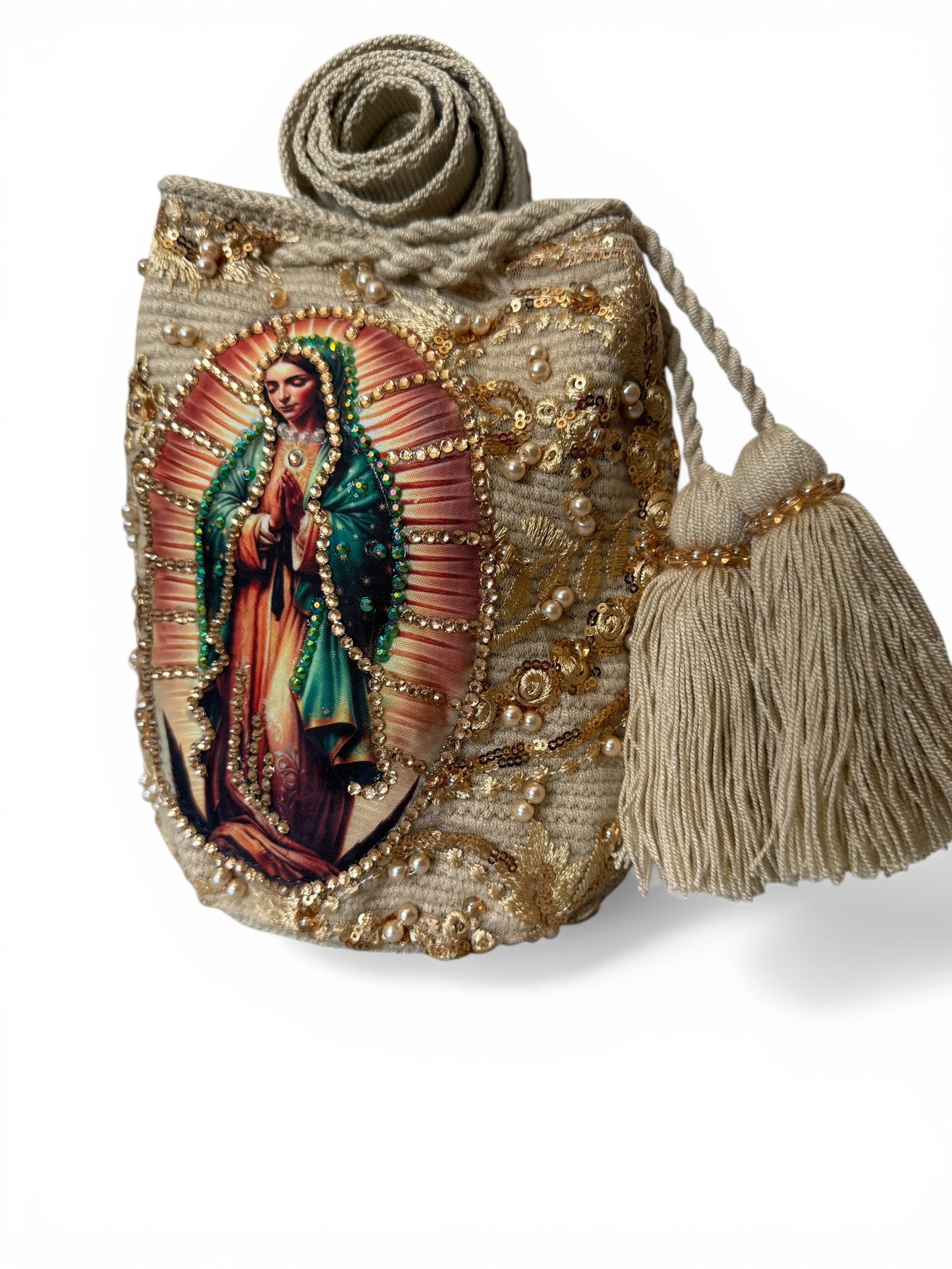 Medium Wayuu Bucket Bag Embroidered Virgin of Guadalupe | Handmade Crossbody with Tassels