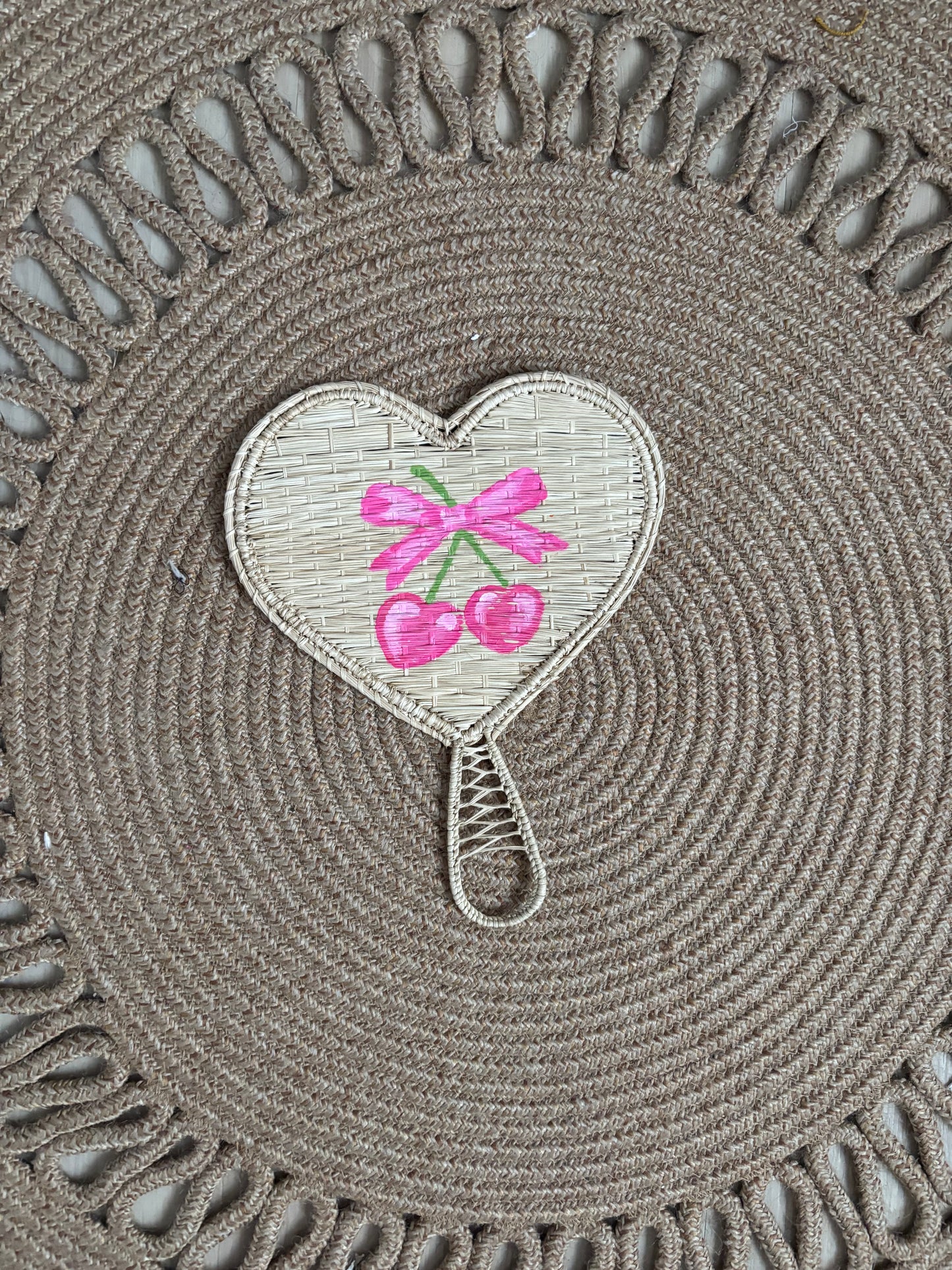 Hand-Painted Iraca Palm Fans with Beaded Wrist Strap – Unique Evil Eye & Heart Designs