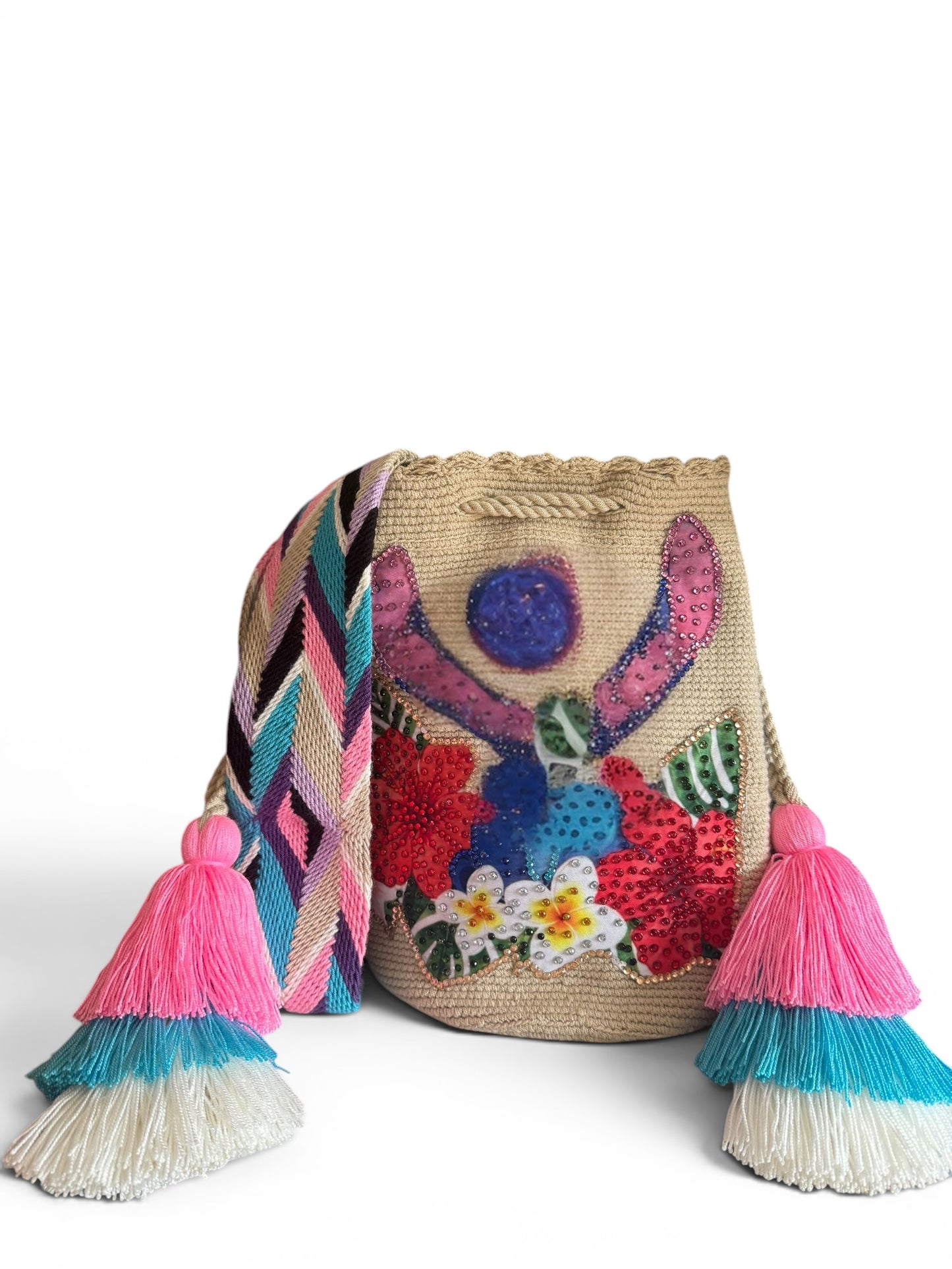 Large Wayuu Bag Beige and White Handwoven Design