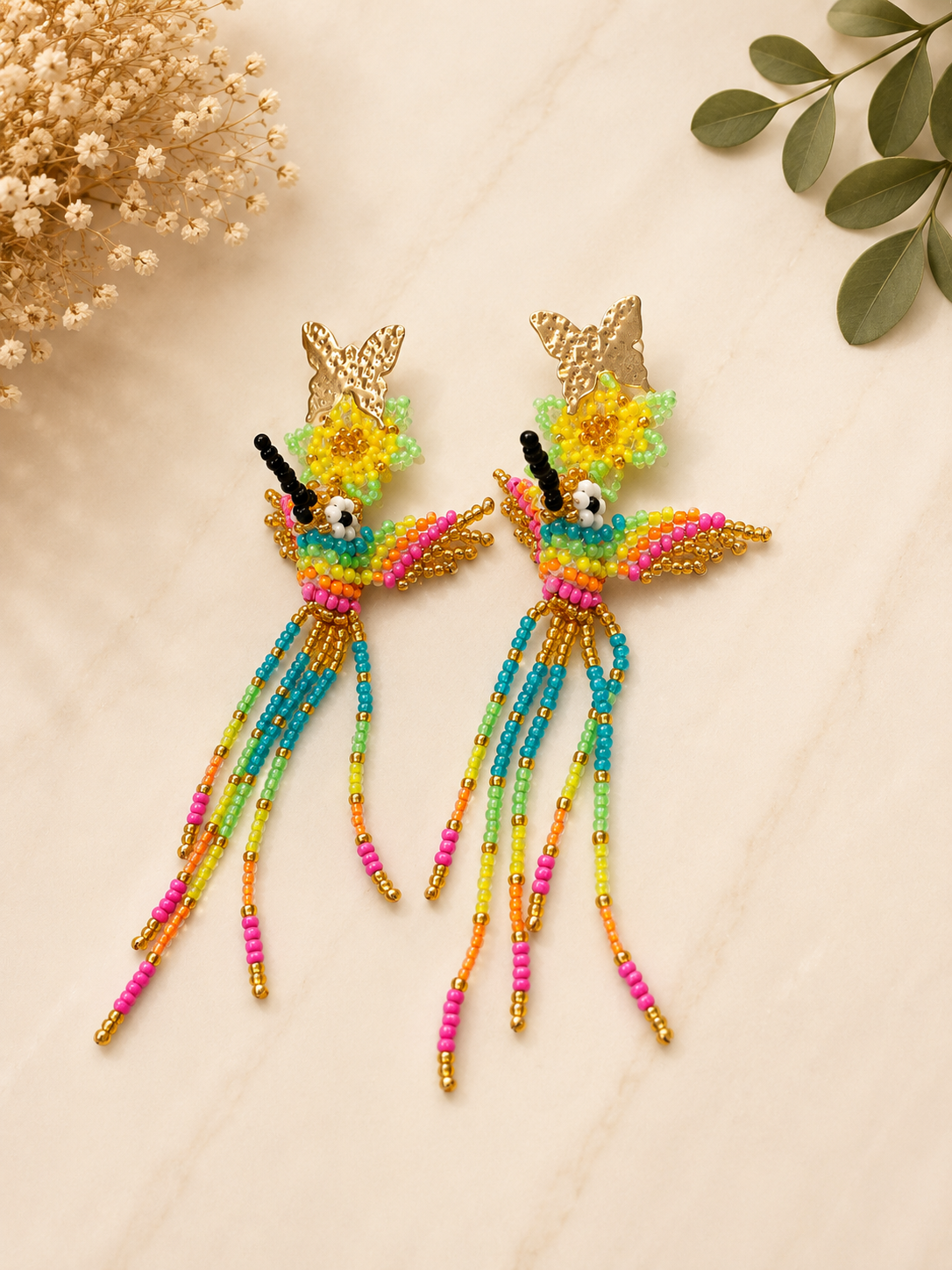 Handmade Hummingbird Beaded Earrings Colorful Artisan Statement Earrings for Women
