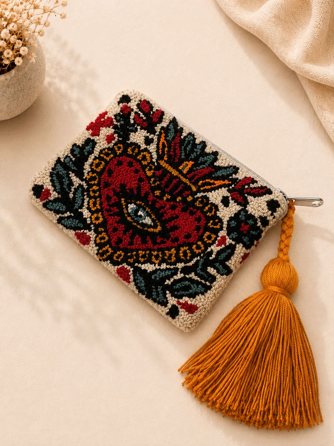 Handmade Tufted Mini Clutch Wallet 6” x 4” | Embroidered Zipper Coin Purse with Tassel