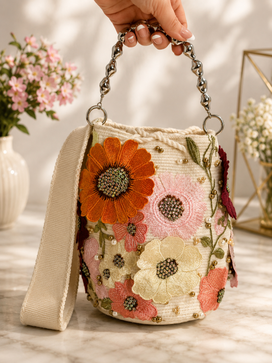 Embroidered spring Bag luxury medium double use strap short and large