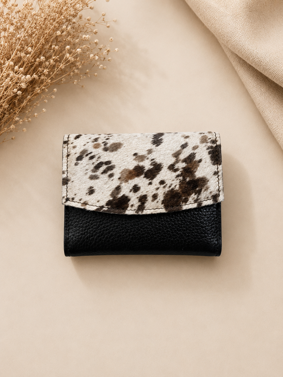 Genuine Cowhide Leather Card Holder Wallet with Zipper Hair-On Multiple Card Slots 7inx4in