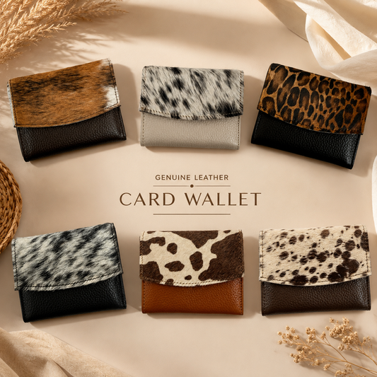 Genuine Cowhide Leather Card Holder Wallet with Zipper Hair-On Multiple Card Slots 7inx4in