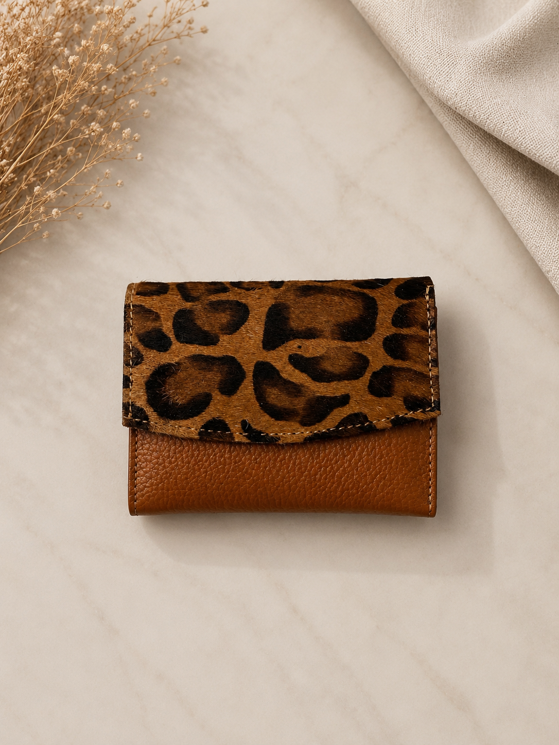 Genuine Cowhide Leather Card Holder Wallet with Zipper Hair-On Multiple Card Slots 7inx4in