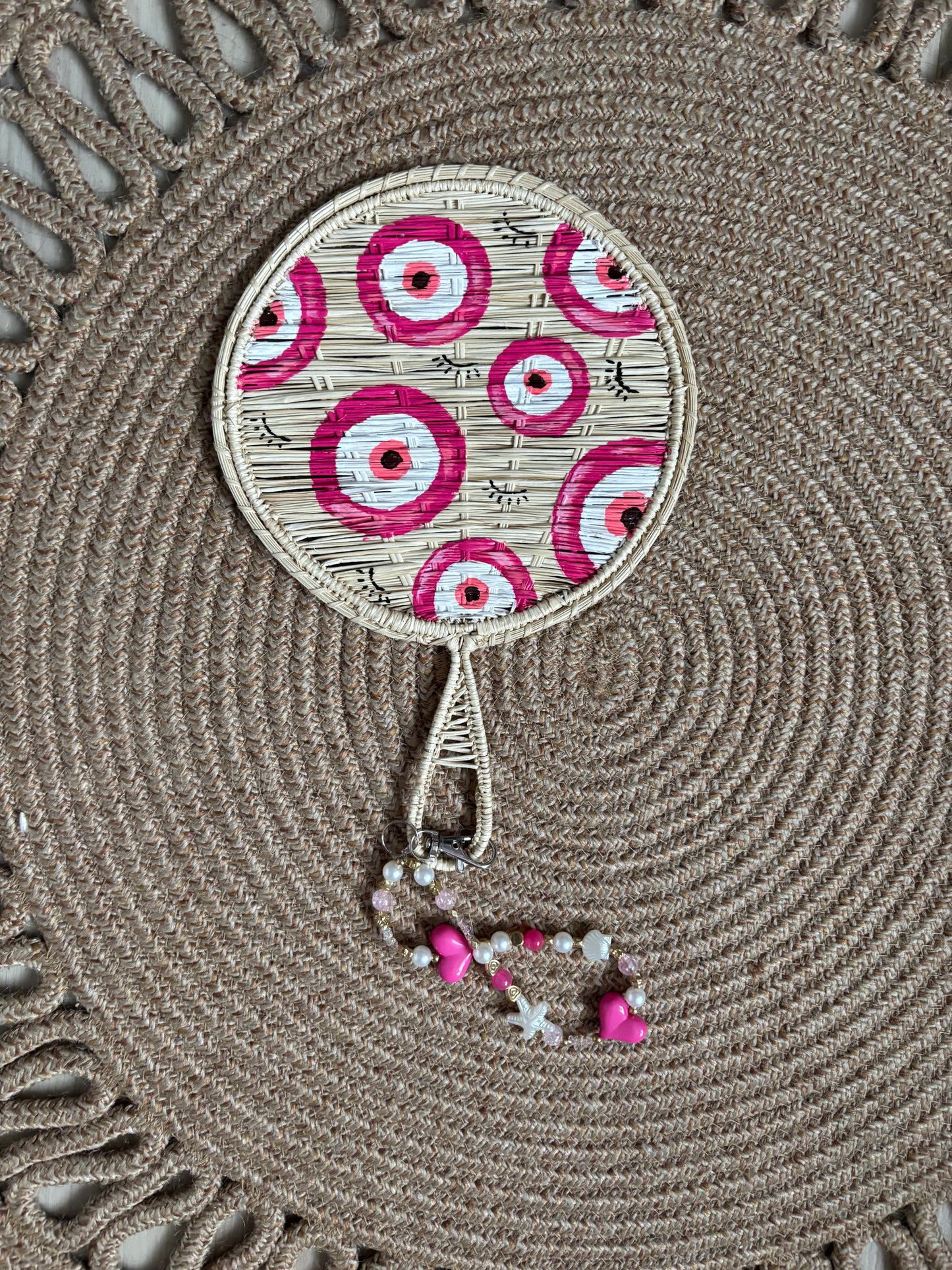 Hand-Painted Iraca Palm Fans with Beaded Wrist Strap – Unique Evil Eye & Heart Designs