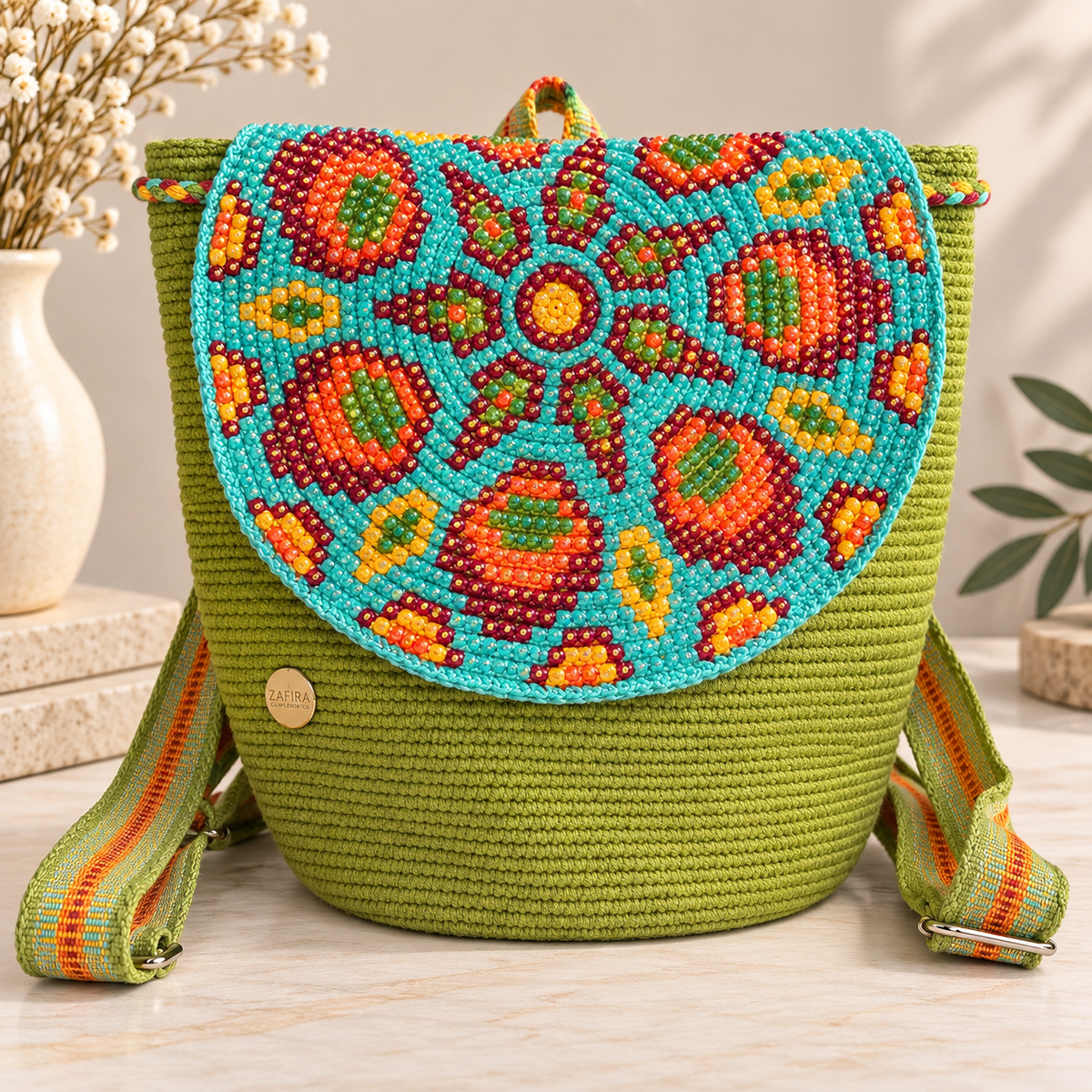 Luxury Backpack with Crystal Stones | Handmade Crochet Flap Adjustable Backpack