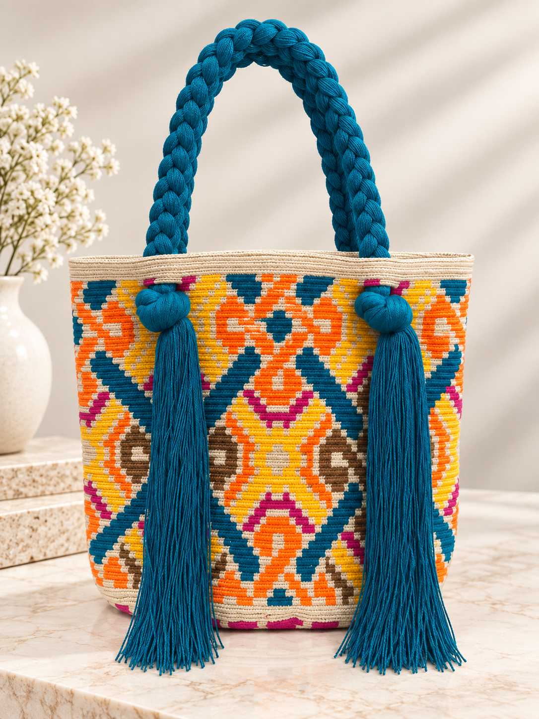 Wayuu Rapunzel Large Tote Bag Handmade Artisan  with Braided Strap 12” Height Statement Bag