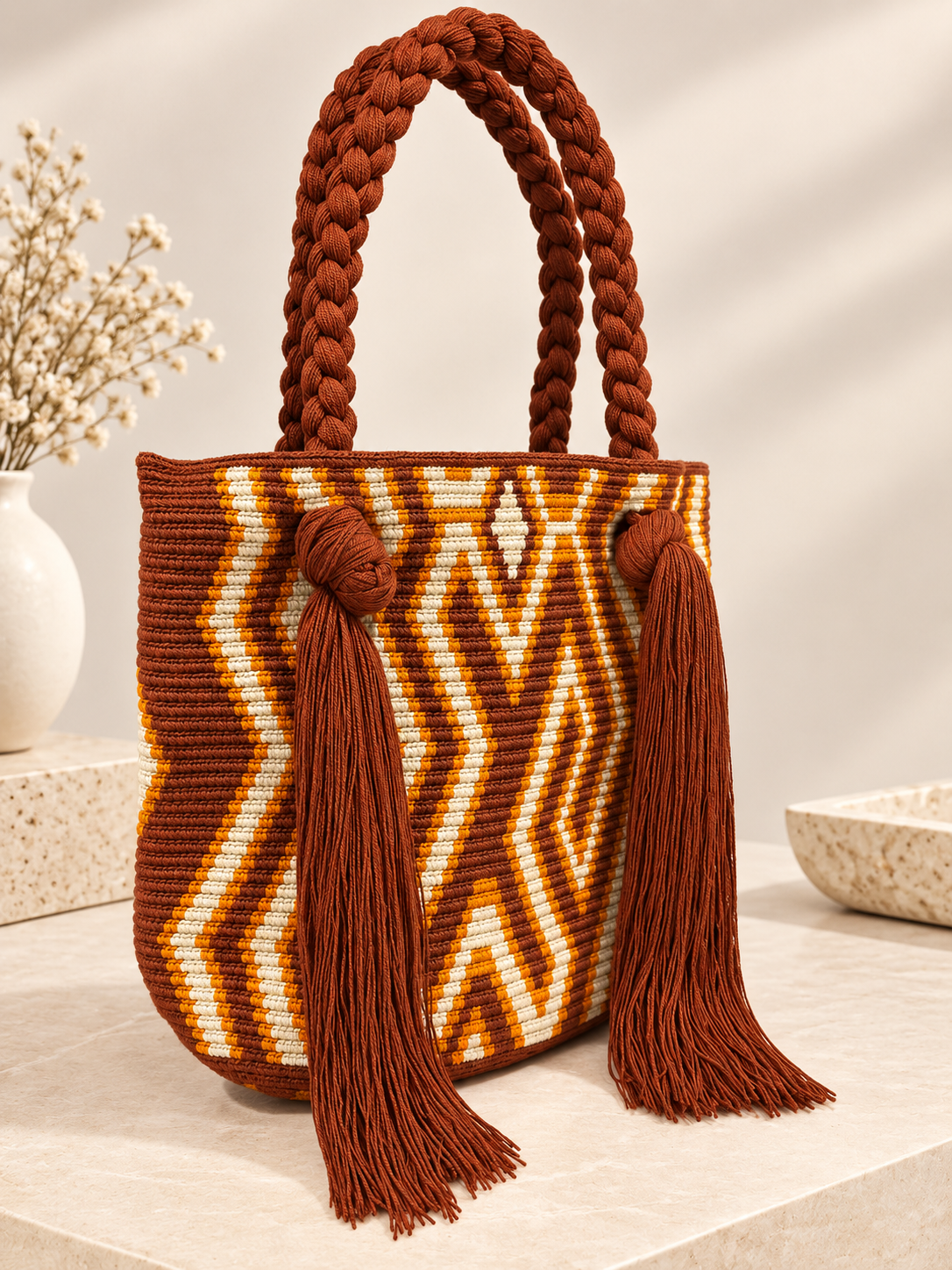 Wayuu Rapunzel Large Tote Bag Handmade Artisan  with Braided Strap 12” Height Statement Bag