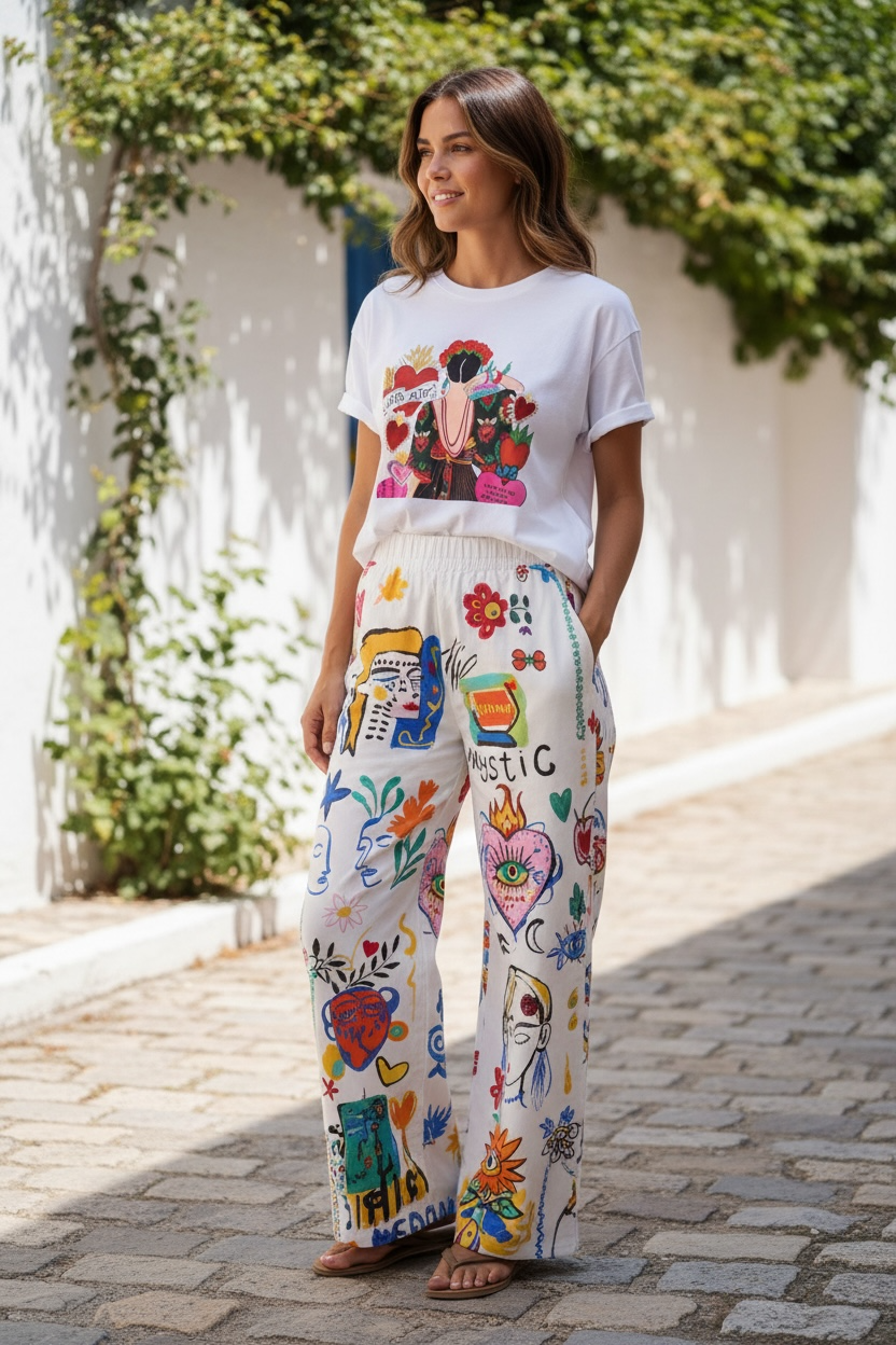 Colorful Summer Pants for Women | Full Print Wide Leg Trousers | Vibrant Vacation Style