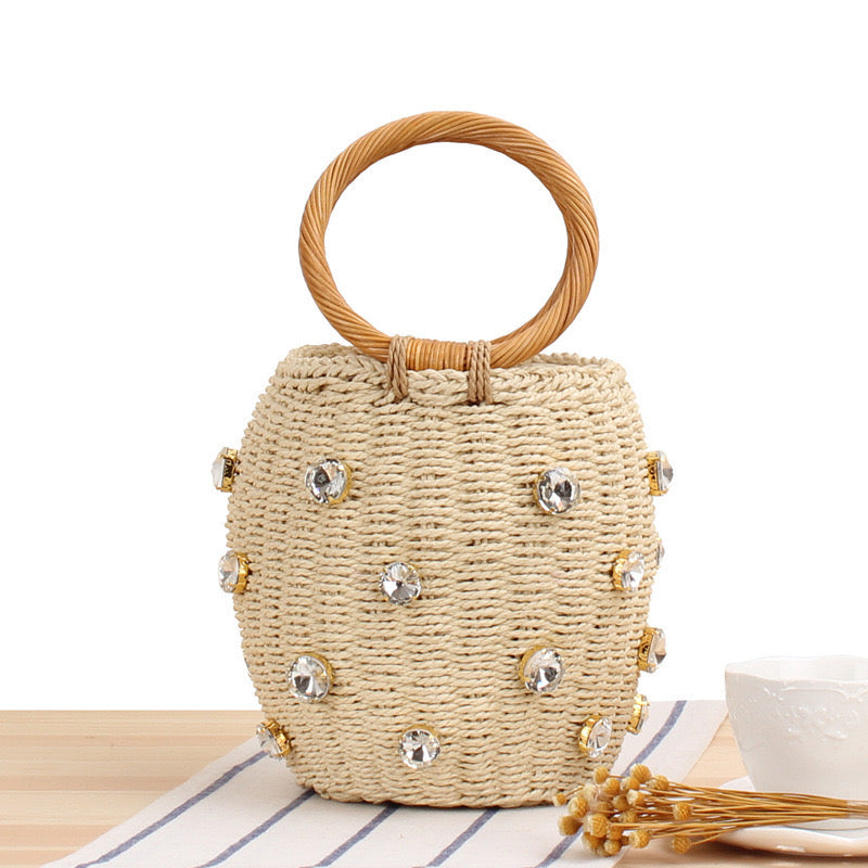 Handmade bucket bag with sparkling rhinestones + charm bag Elegant woven handbag