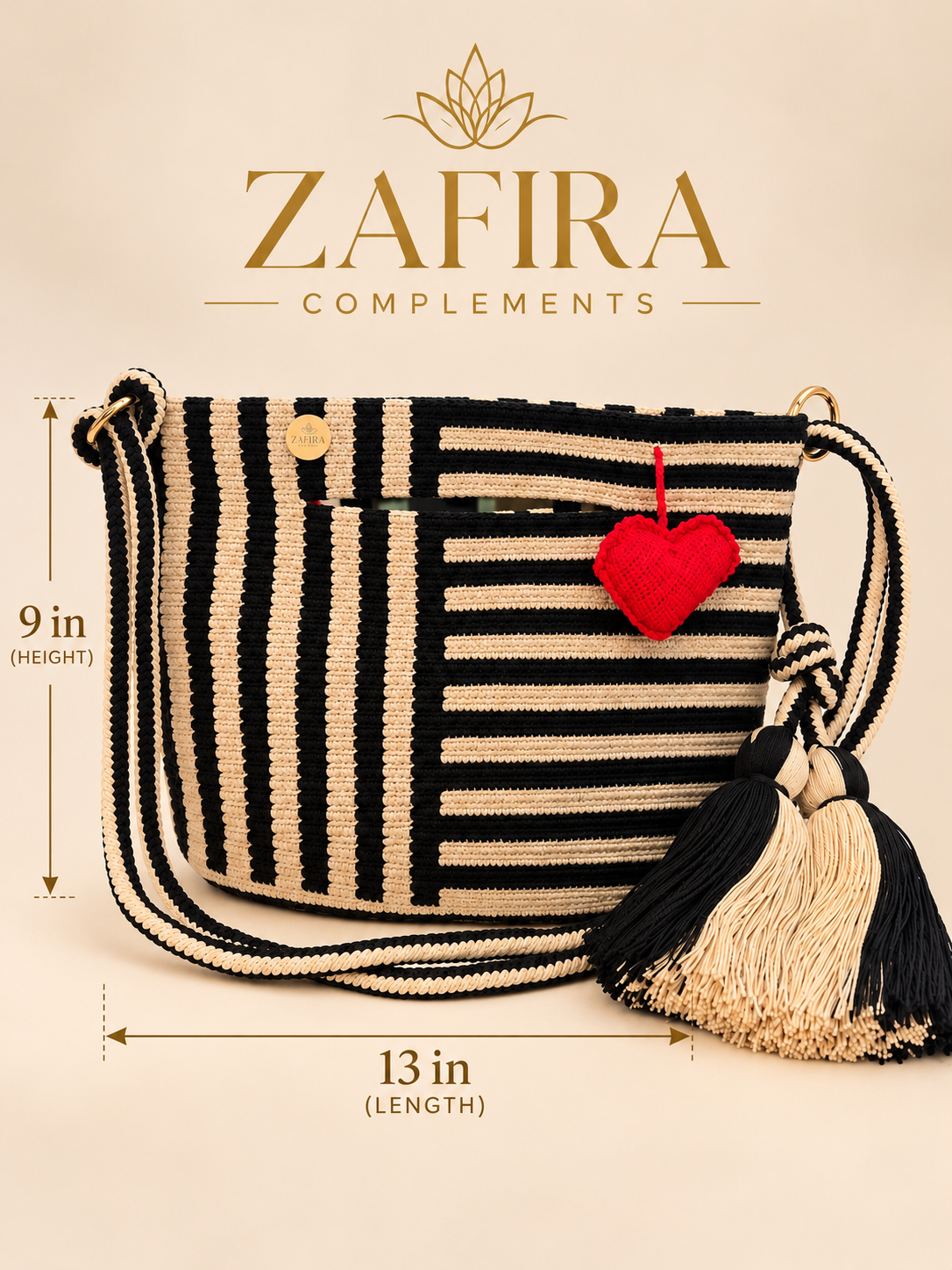 Medium Handmade Crochet Crossbody Bag with 3D Heart Charm Zafira Complements