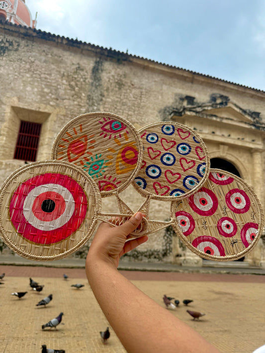 Hand-Painted Iraca Palm Fans with Beaded Wrist Strap – Unique Evil Eye & Heart Designs