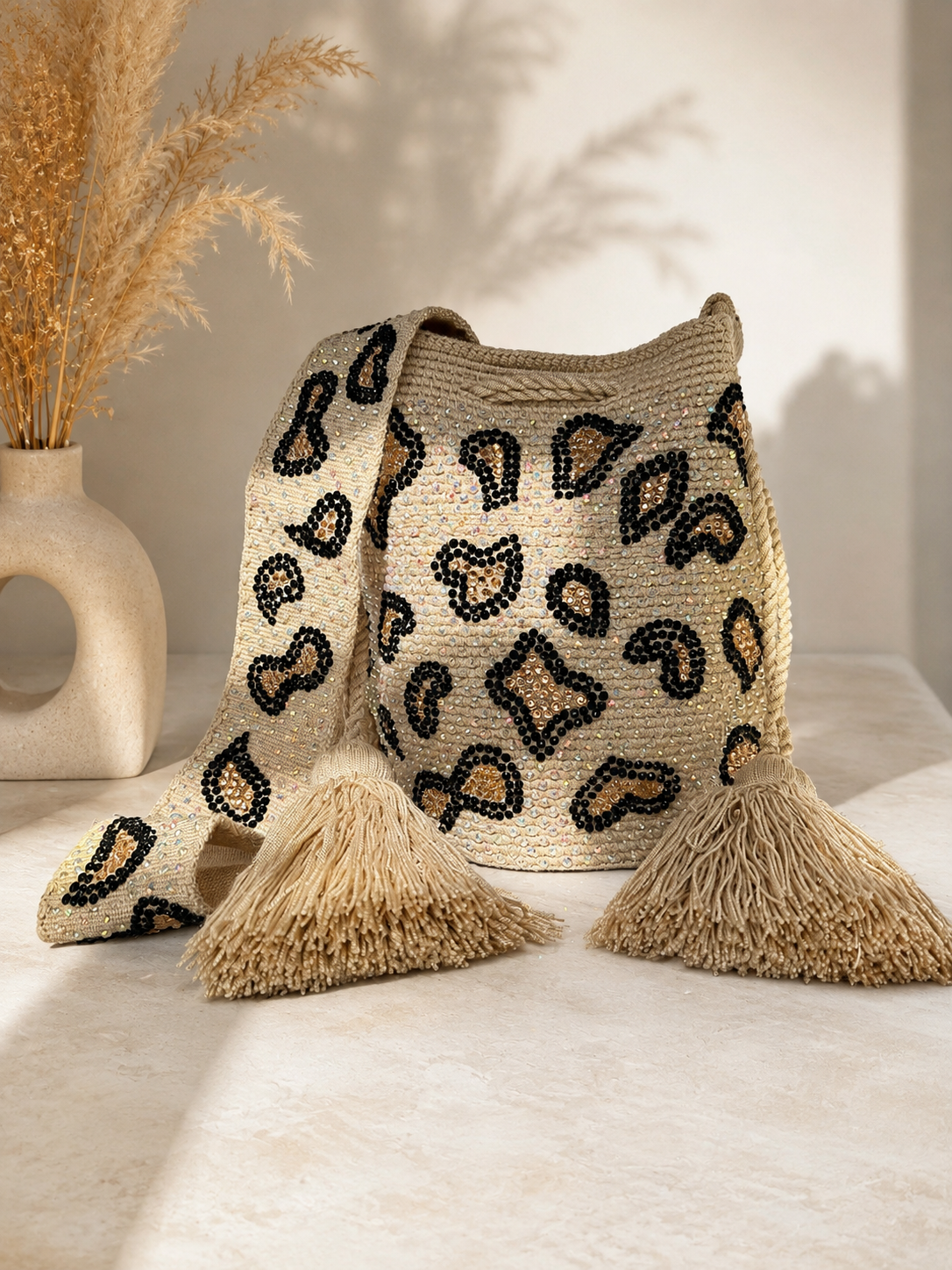 Medium bucket double use crossbody embroidered Beading & Crystals short and Long Strap