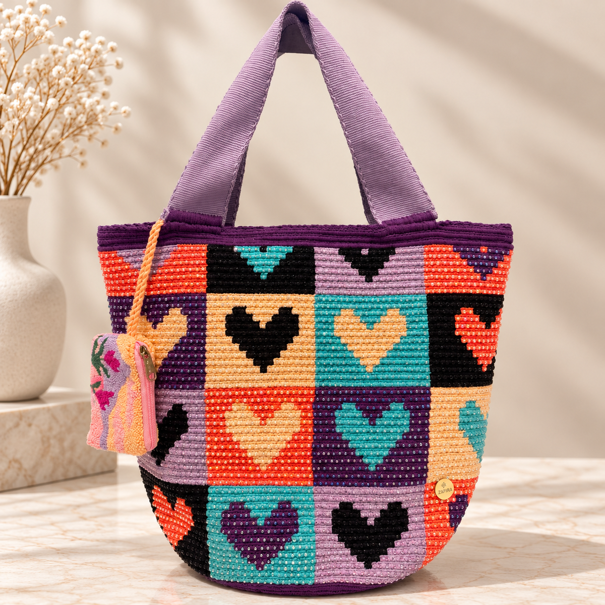 Wayuu XL decorated Handwoven Tote Bag Inner lining, sliding and ornament