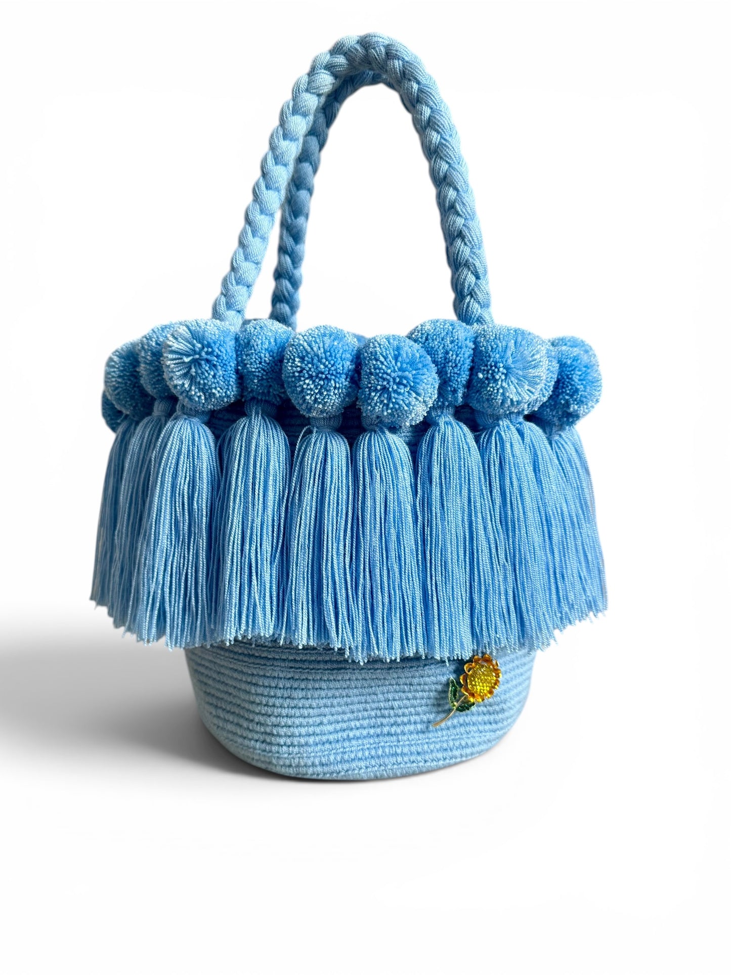 Medium Handmade Wayuu Crochet Handbag with Pom Poms & Tassels | Artisan Luxury Bag with Inner Lining | 9” Height