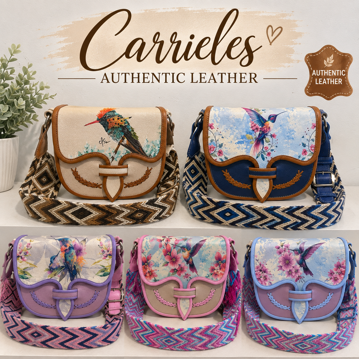 Hand Painted Genuine Leather Carriel Bag with Hummingbird | Adjustable Wayuu Crochet Strap