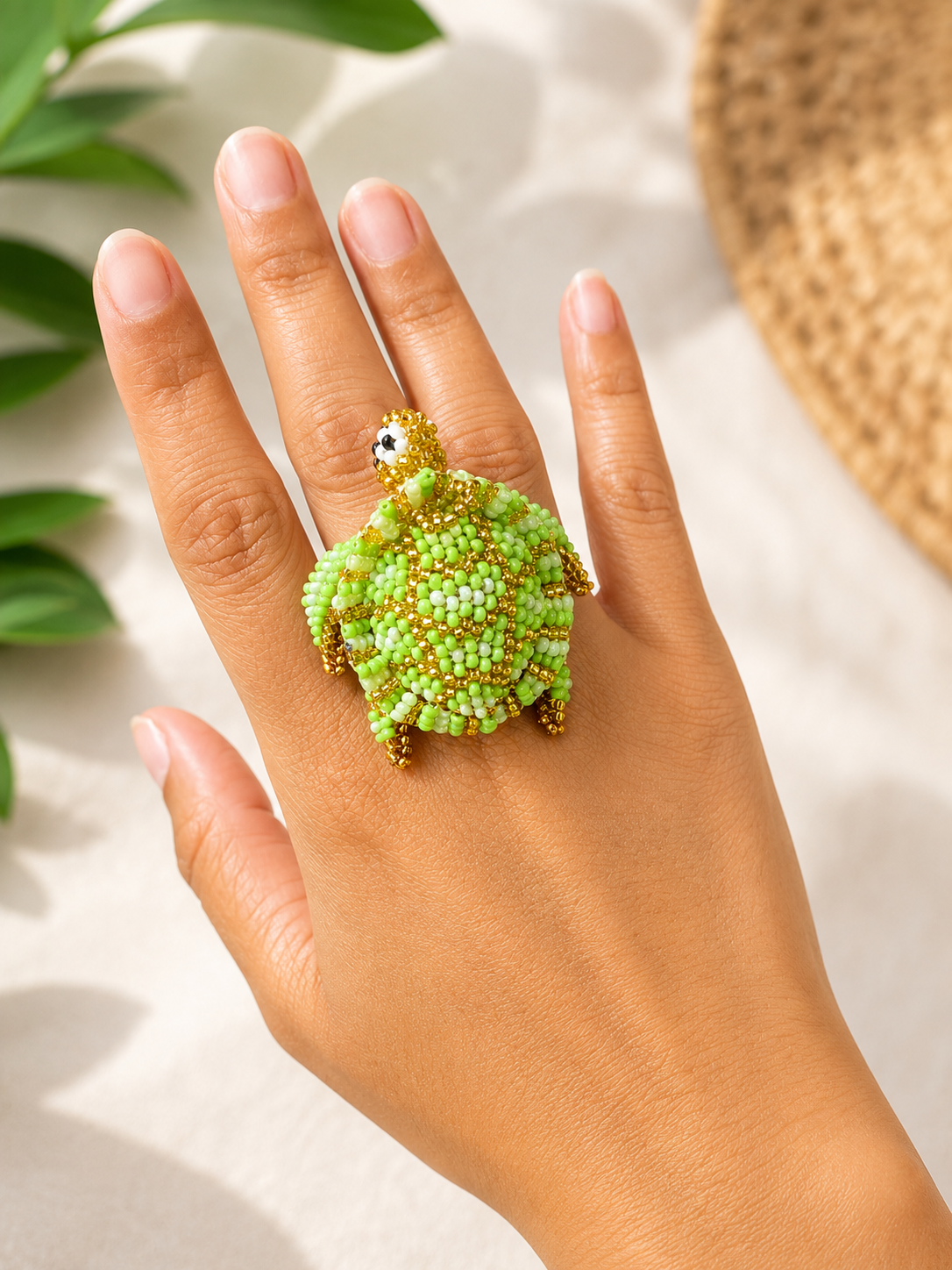 Handmade Beaded Sea Turtle and Butterfly Ring | Adjustable Statement Seed Bead Ring | Ocean Animal Jewelry Gift