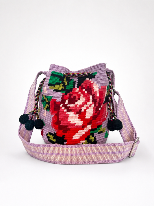 Luxury Handmade Floral Wayuu Bag with Adjustable Wooden Strap | Exclusive Artisan Design 9x9”