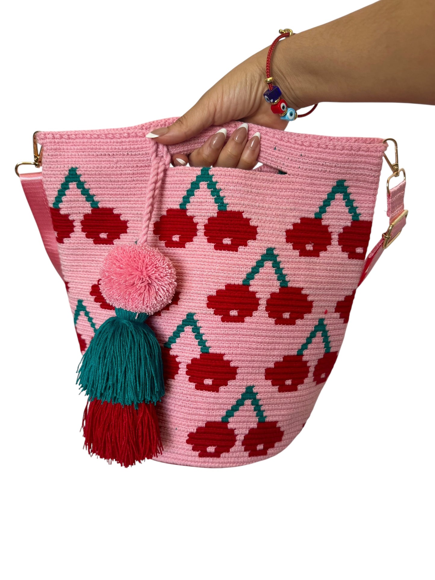 Cherry Crochet Clutch Bag Large Size 11 inch Handmade Statement Purse with Removable Strap