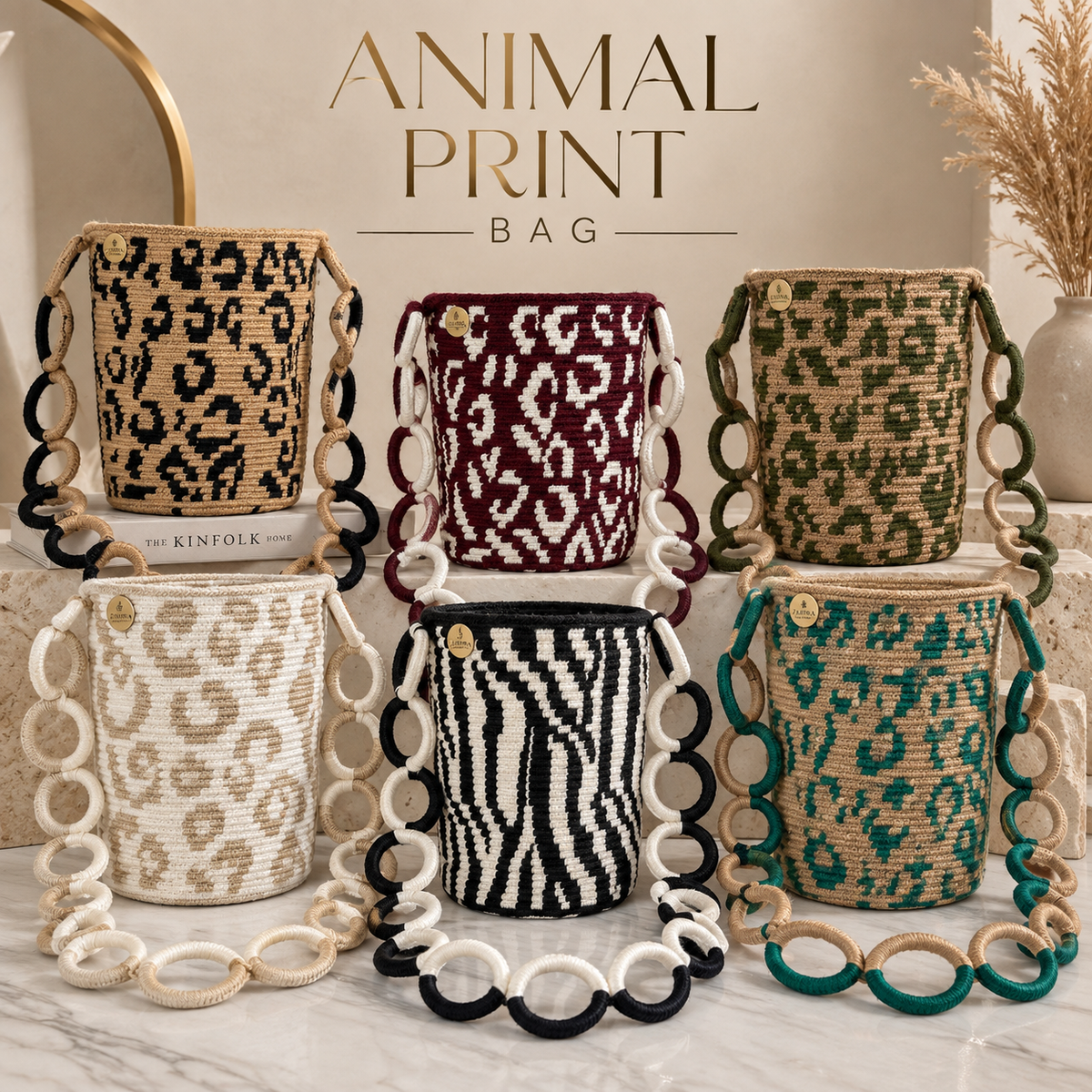 Animal Print Woven Bucket Bag – Medium 8” Shoulder Bag