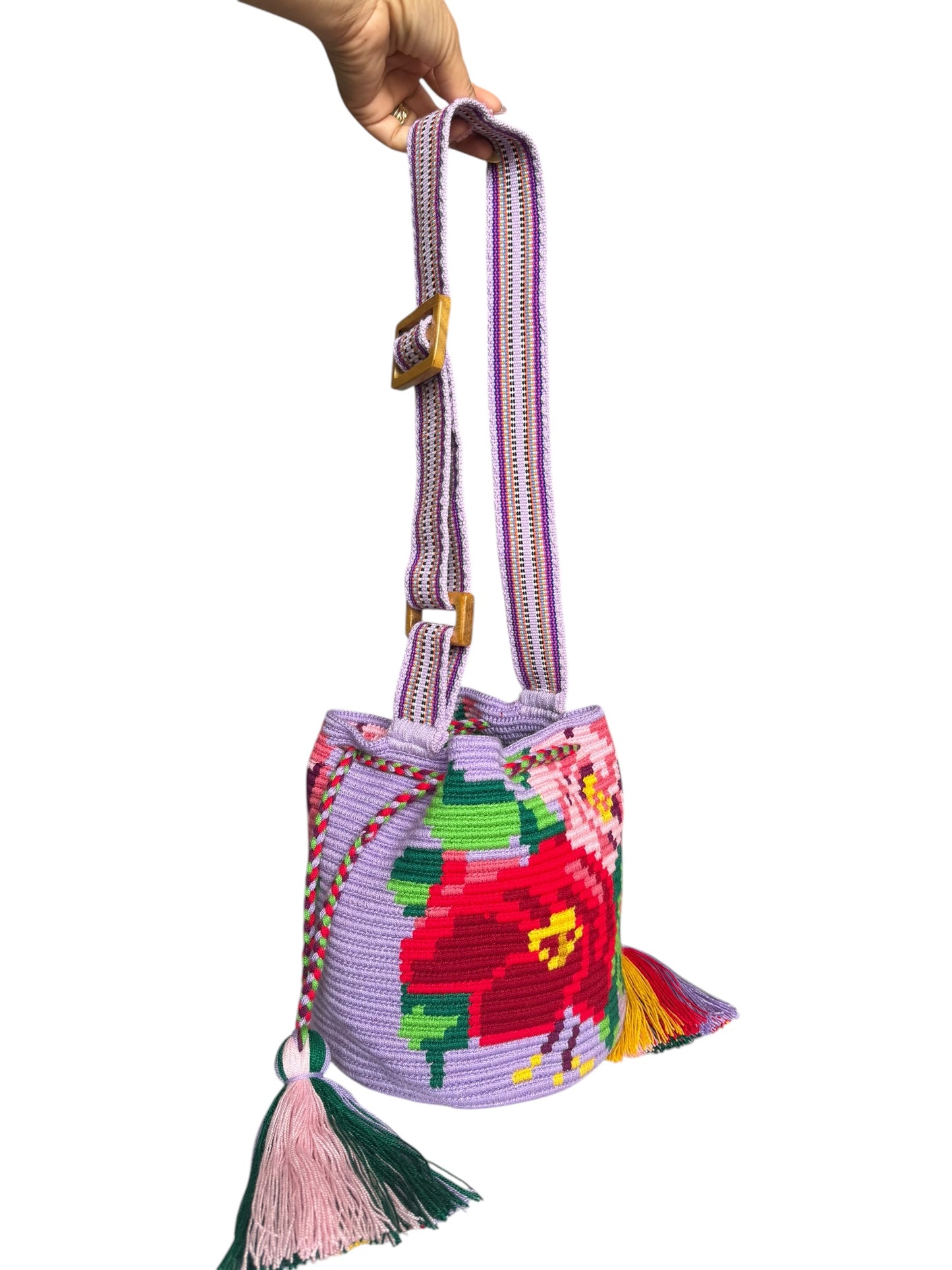 Luxury Handmade Floral Wayuu Bag with Adjustable Wooden Strap | Exclusive Artisan Design 9x9”