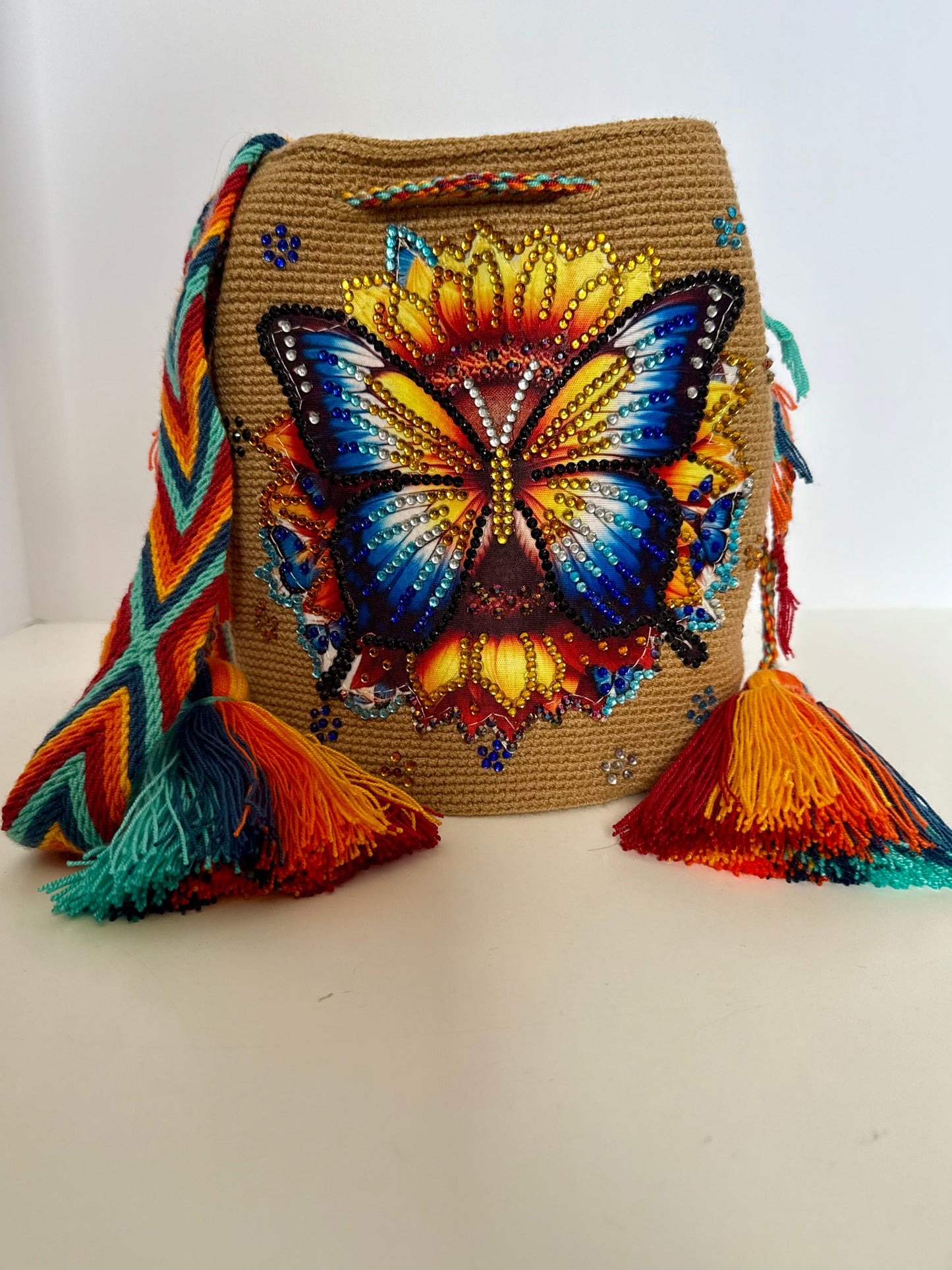Wayuu Bag M Butterfly blue Decorated Unique Handmade Artisan Bag
