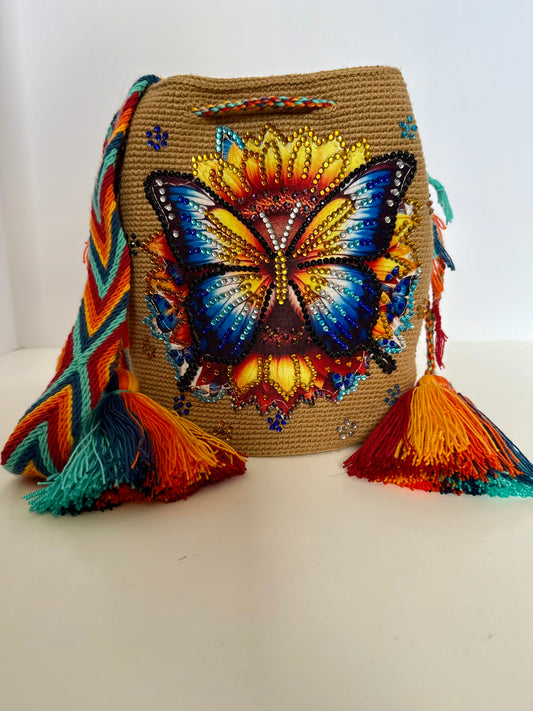 Wayuu Bag M Butterfly blue Decorated Unique Handmade Artisan Bag