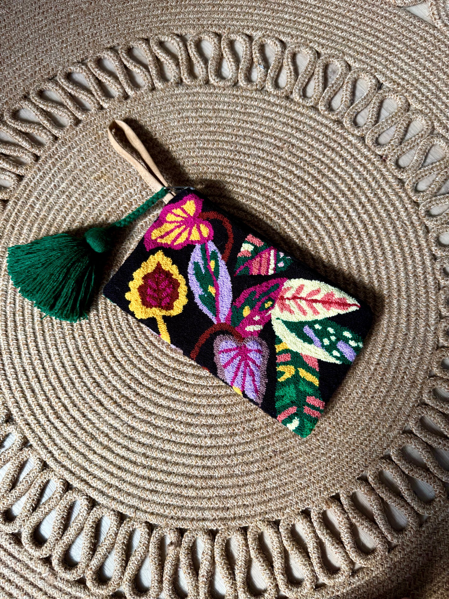 Handmade Floral Clutch | Colorful Embroidered Tapizado Bag with Tassel | Boho Wristlet